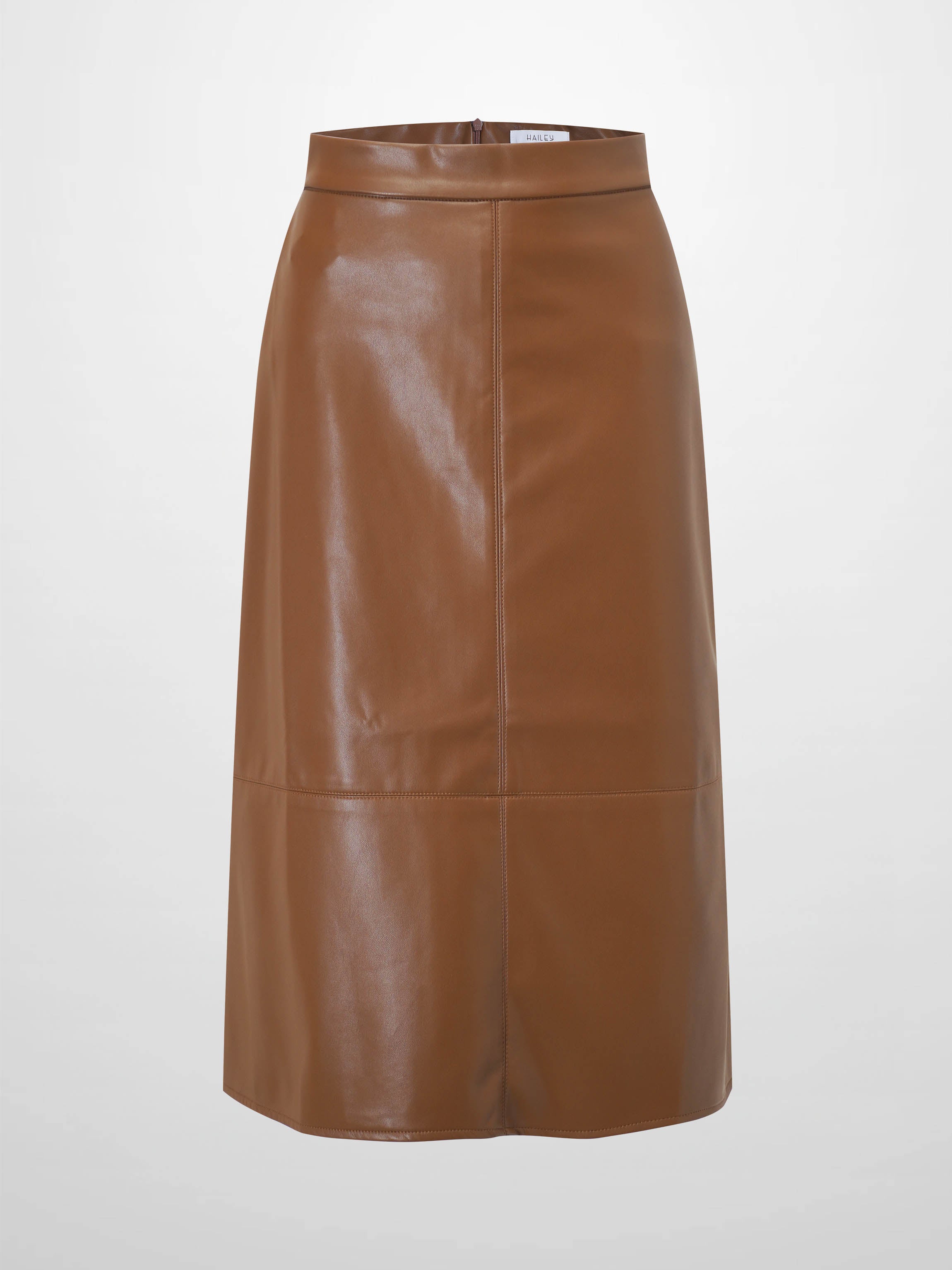 Short A-Line Seamed Faux Leather Skirt-Brown