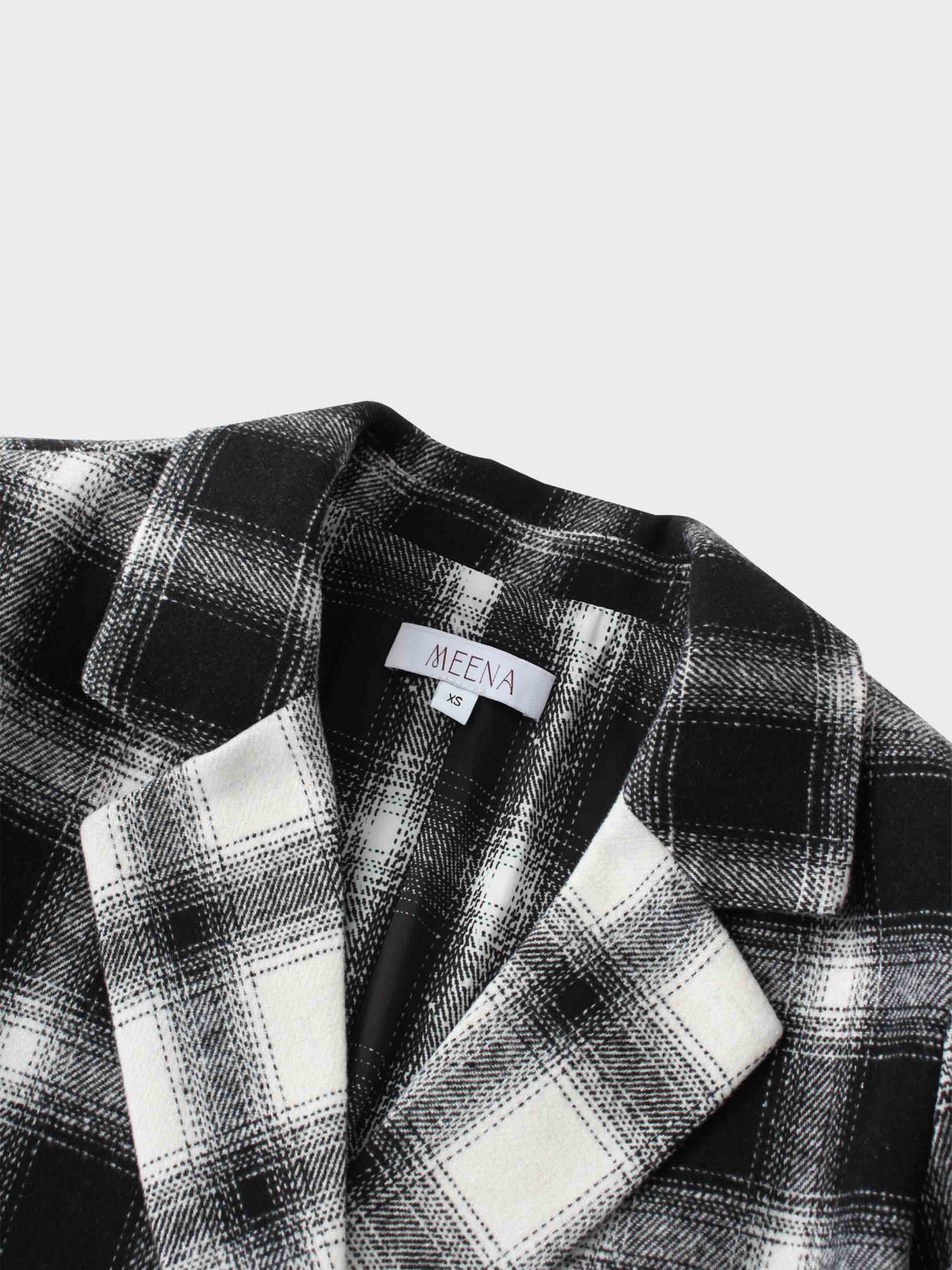Double Breasted Belted Blazer-Black/White Plaid