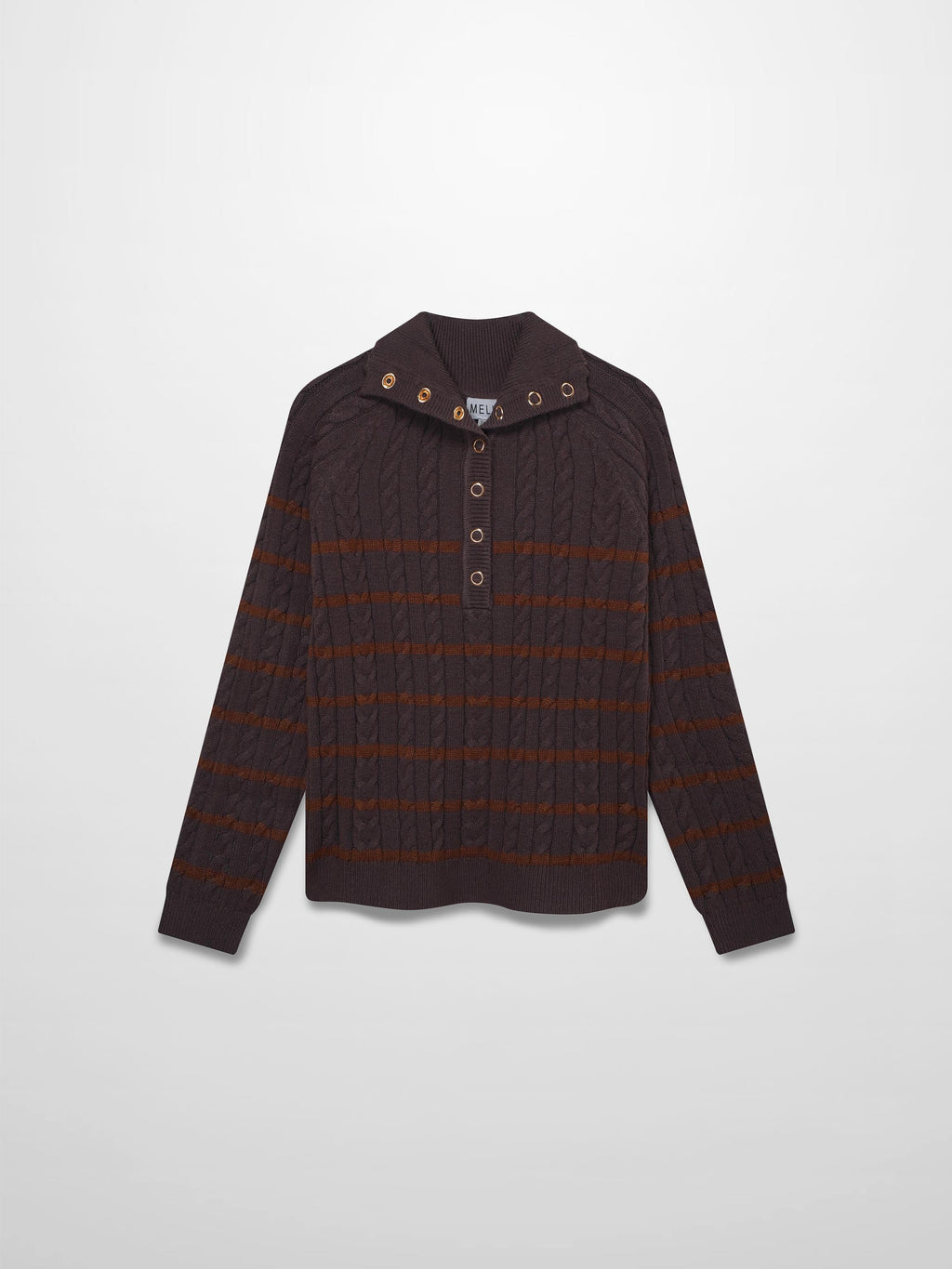Shawl Snap Collar Striped Cable Sweater-Grey/Brown