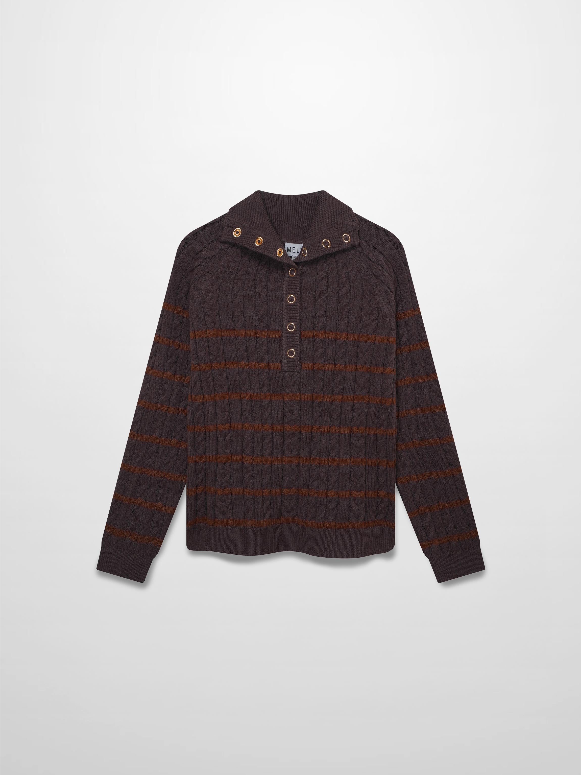 Shawl Snap Collar Striped Cable Sweater-Grey/Brown