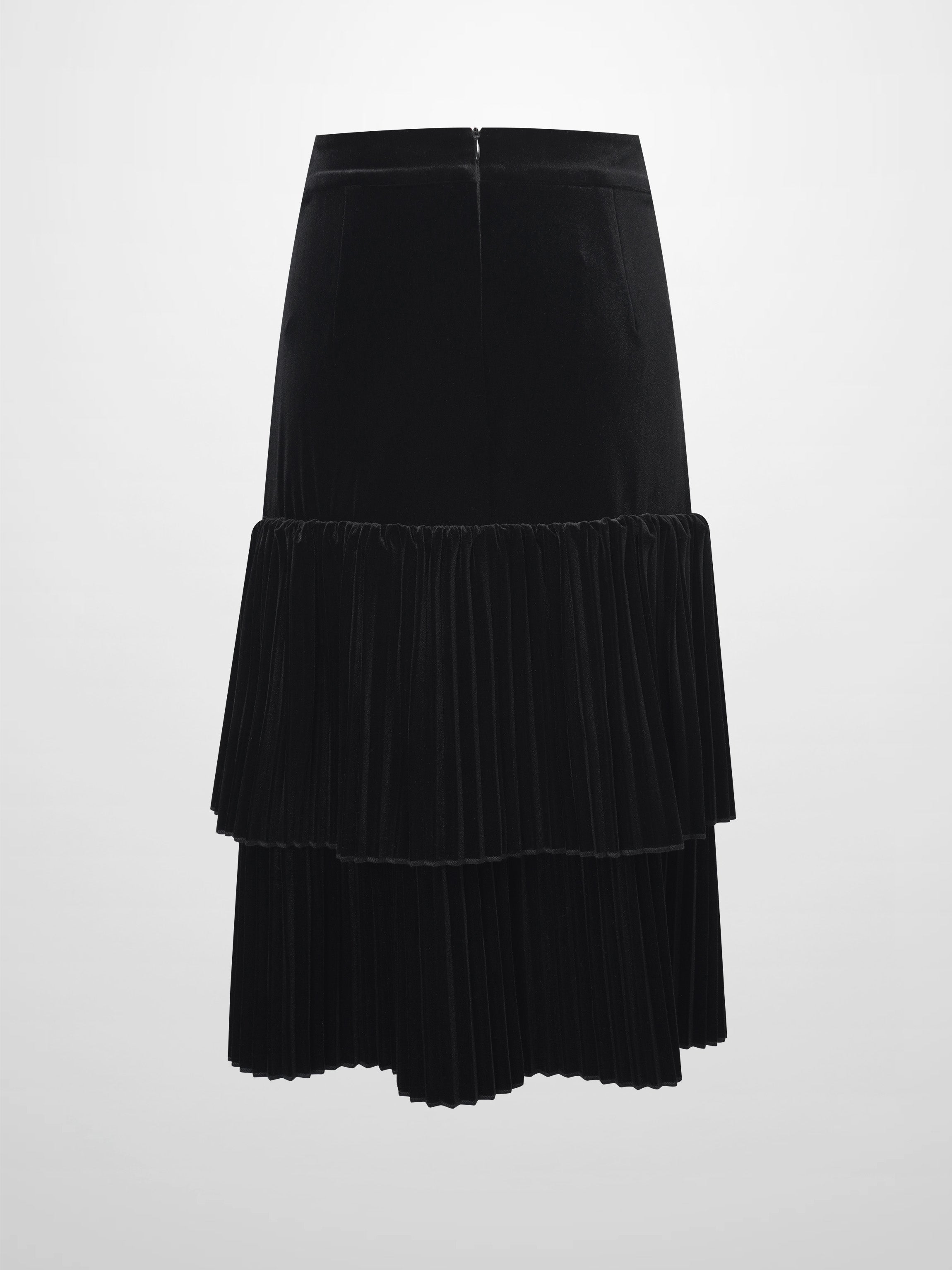Double Layer Pleated Bottom Velvet Skirt-Black