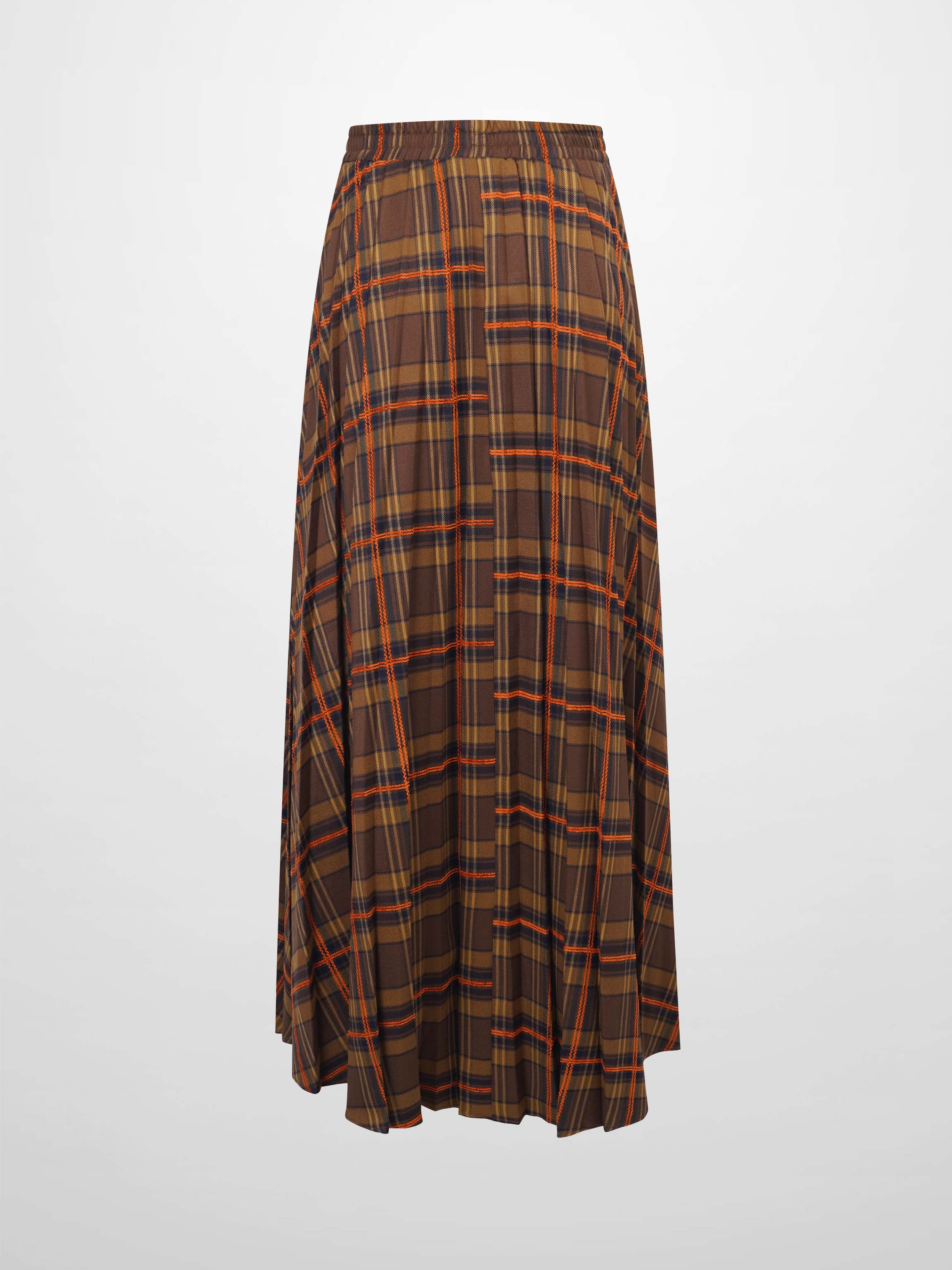 Covered Band Pleated Skirt-Brown/Orange Plaid