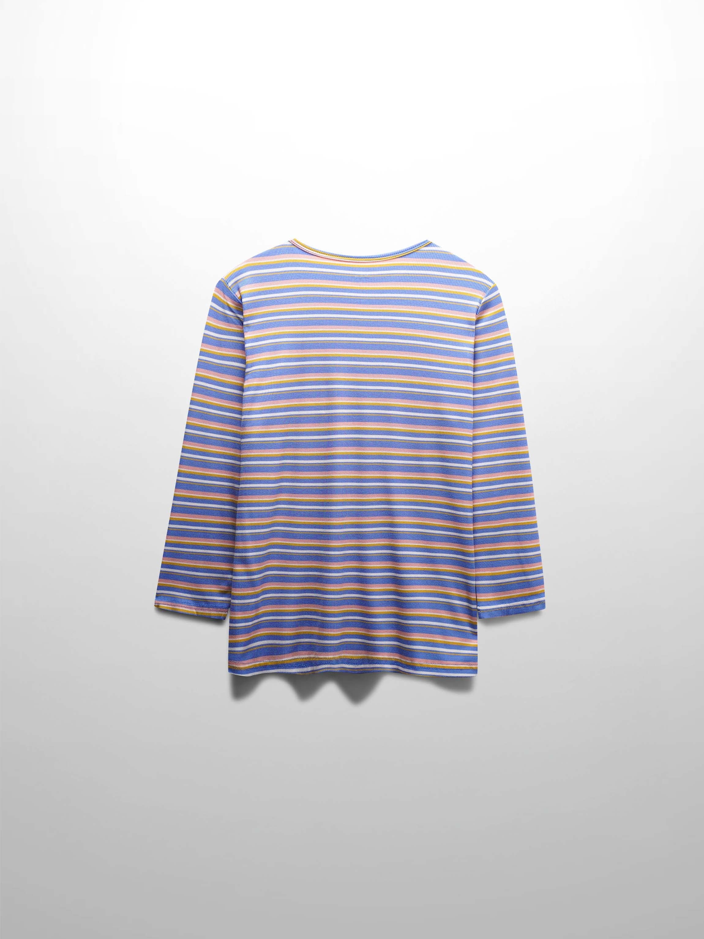 Ribbed Striped Crew 3/4 Sleeve-Light Blue/Pink