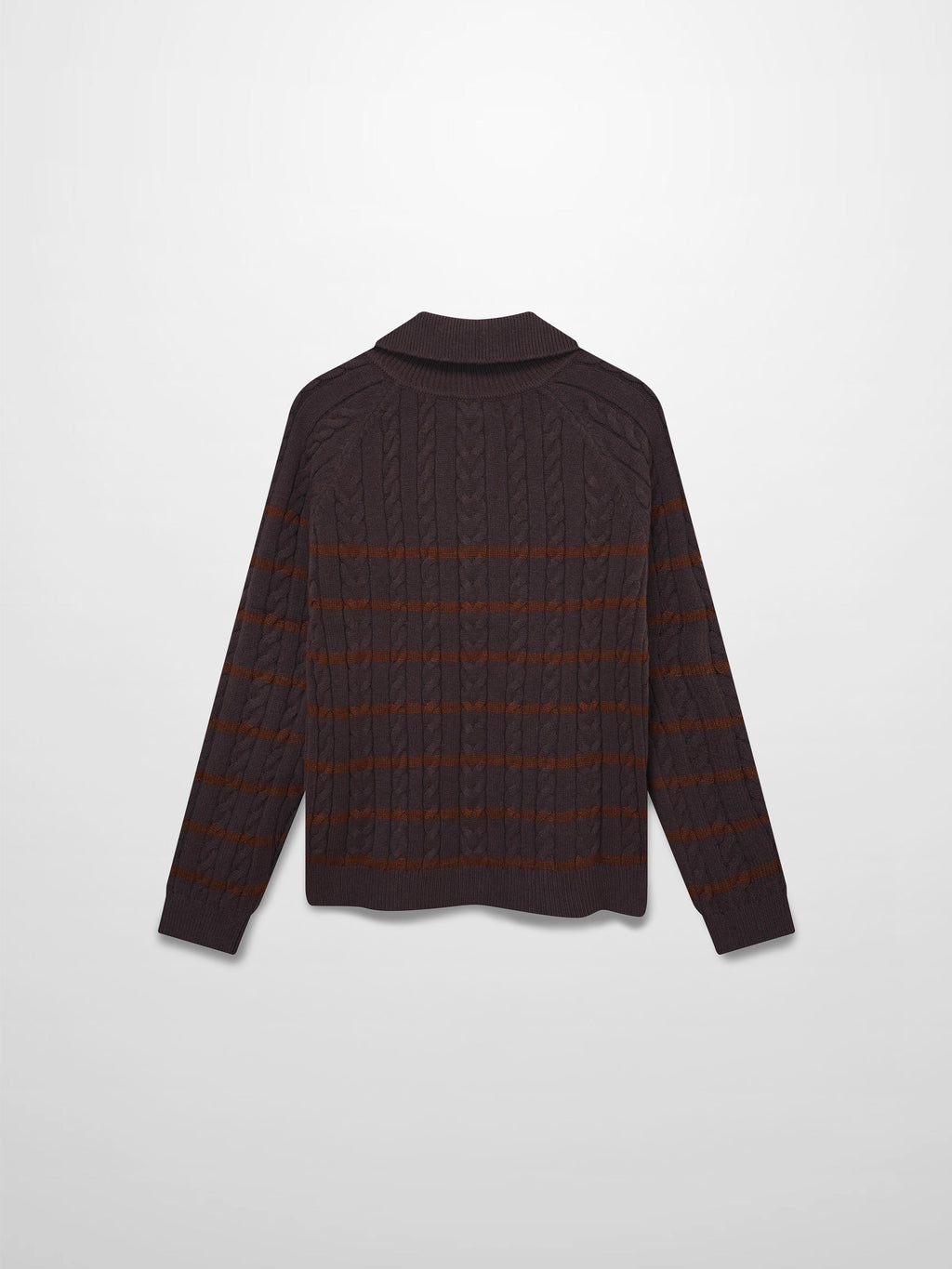 Shawl Snap Collar Striped Cable Sweater-Grey/Brown