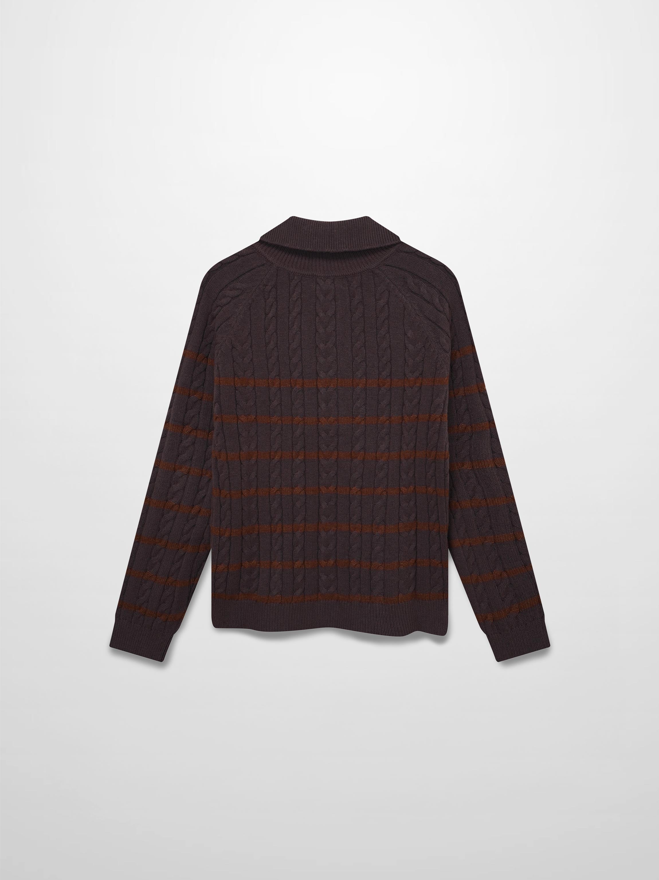 Shawl Snap Collar Striped Cable Sweater-Grey/Brown