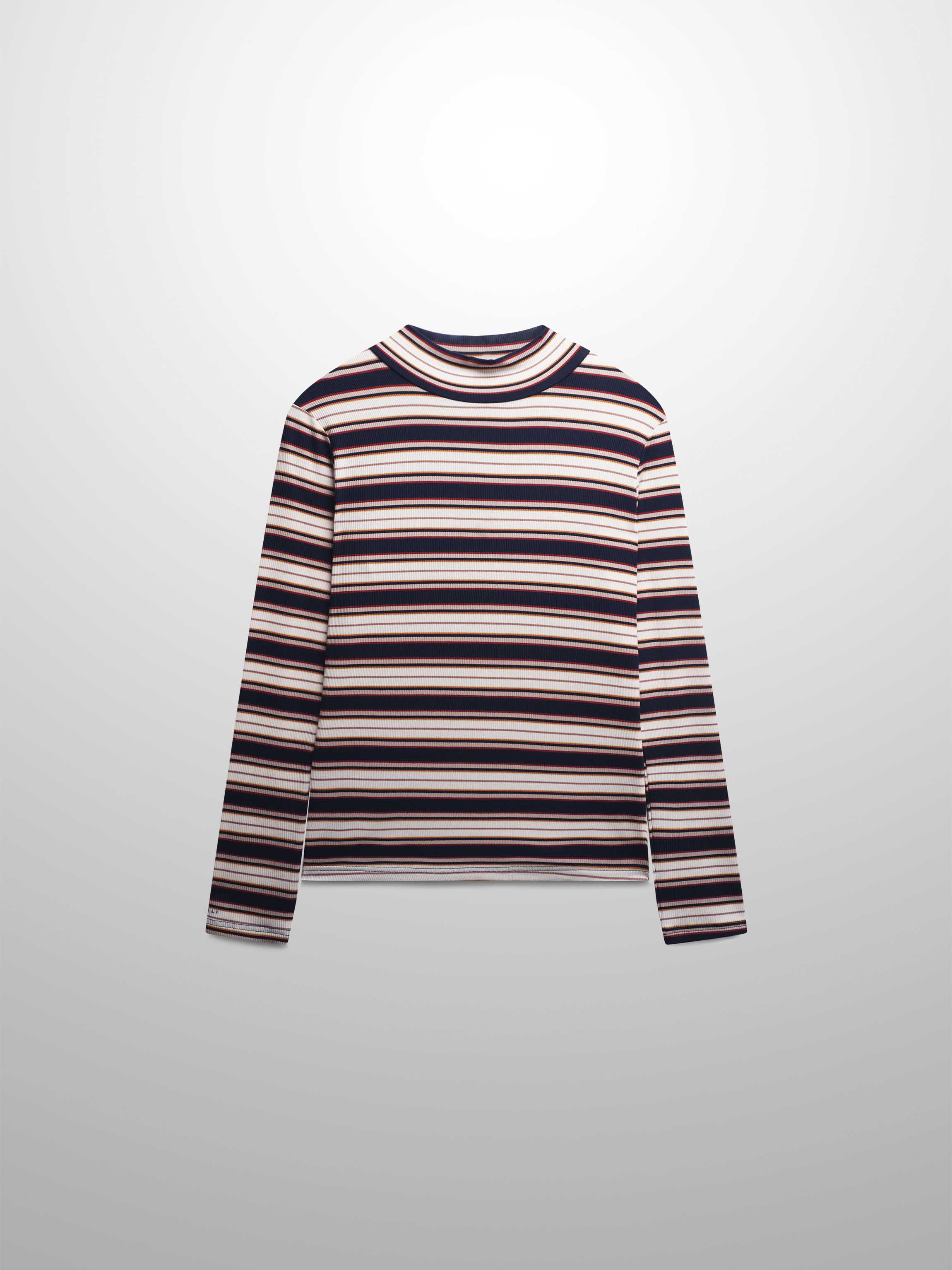 Striped Ribbed Turtleneck-Navy/Camel