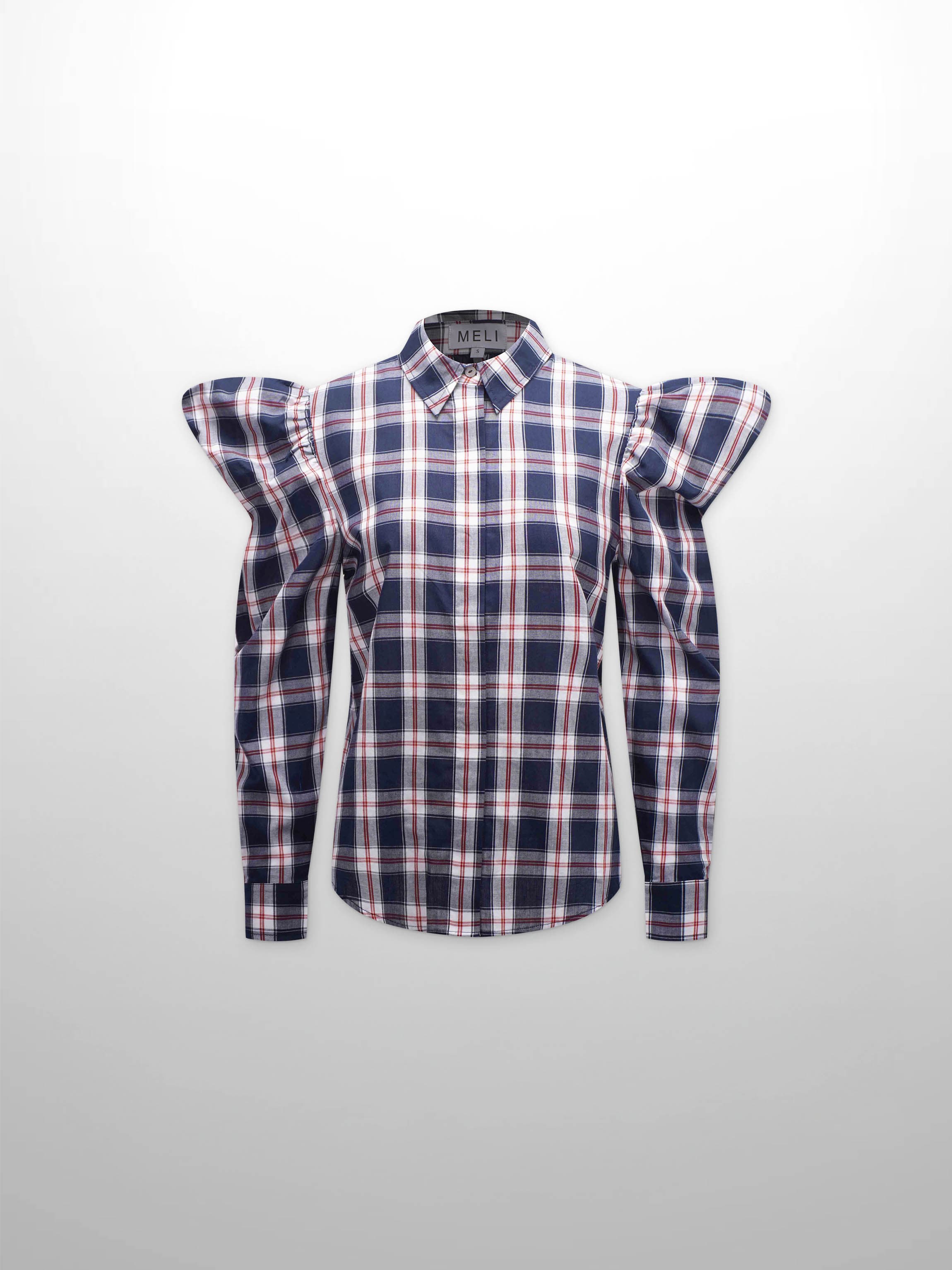 Puff Sleeve Blouse-Nautical Plaid
