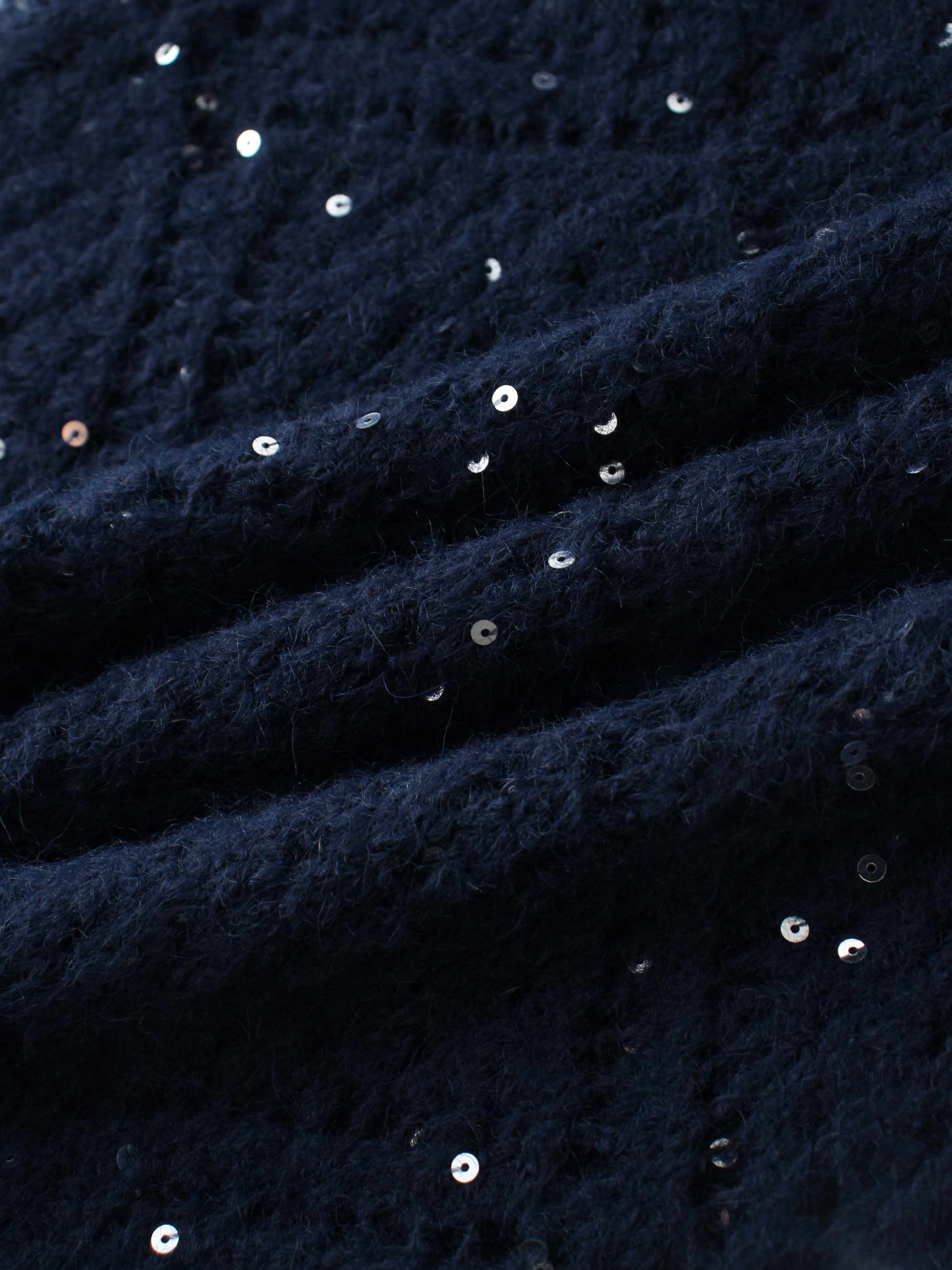 Open Crochet Knit Sequin Sweater-Navy