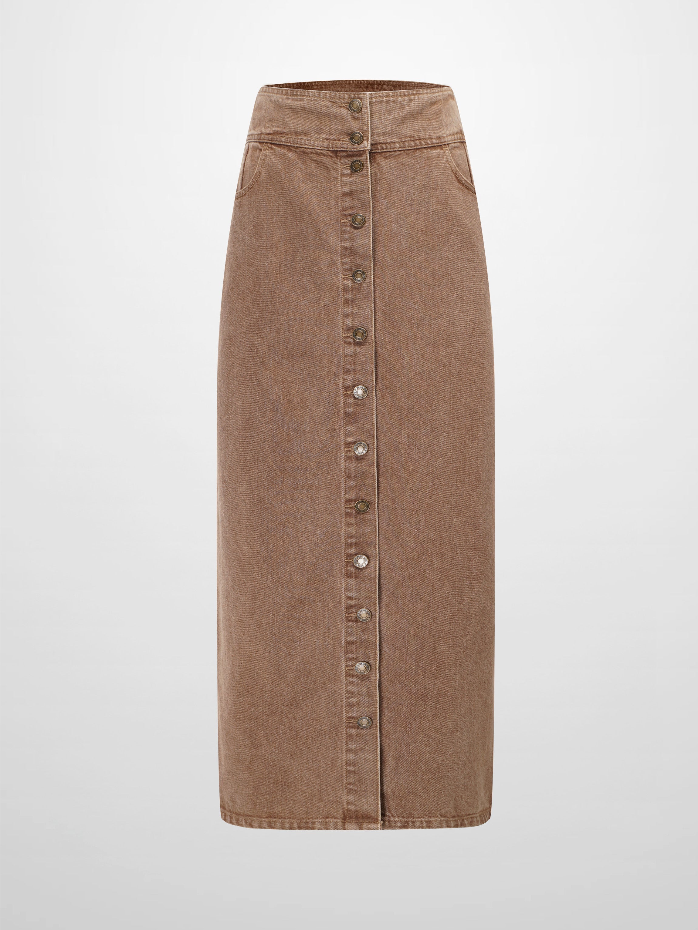 Button Down Denim Skirt-Brown