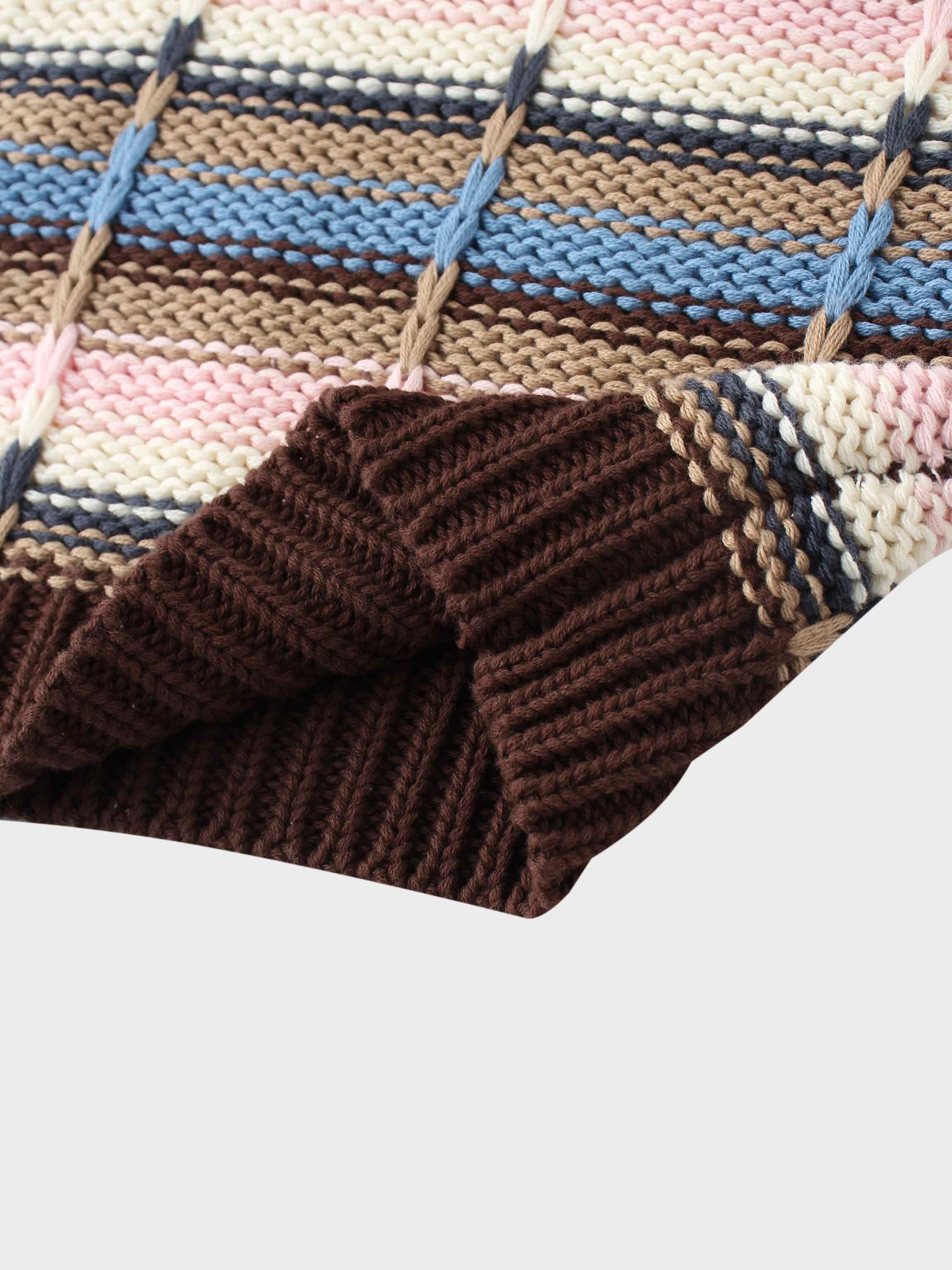 Overstitch Detail Striped Sweater-Brown