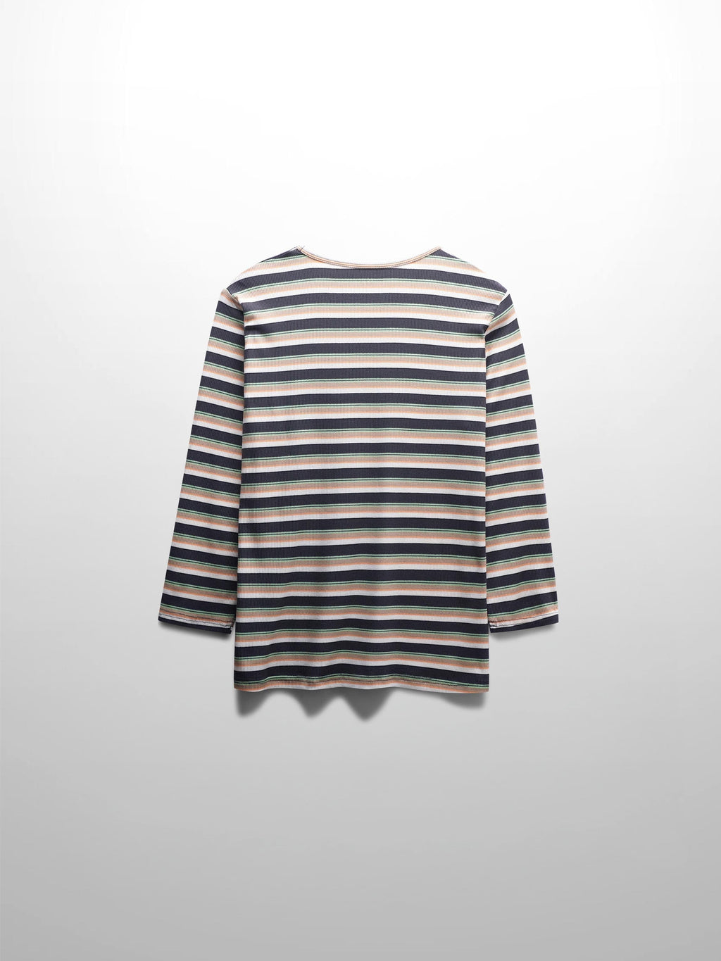Ribbed Striped Crew 3/4 Sleeve-Brown/Ivory