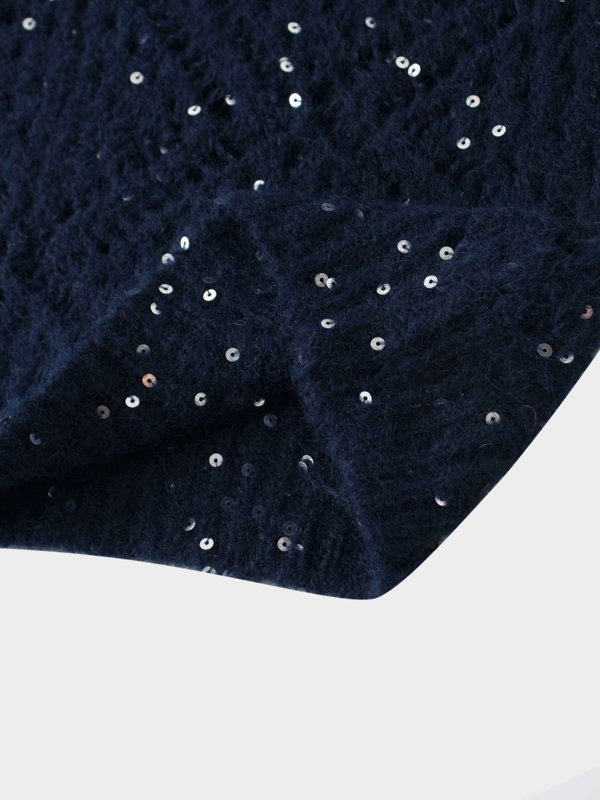 Open Crochet Knit Sequin Sweater-Navy