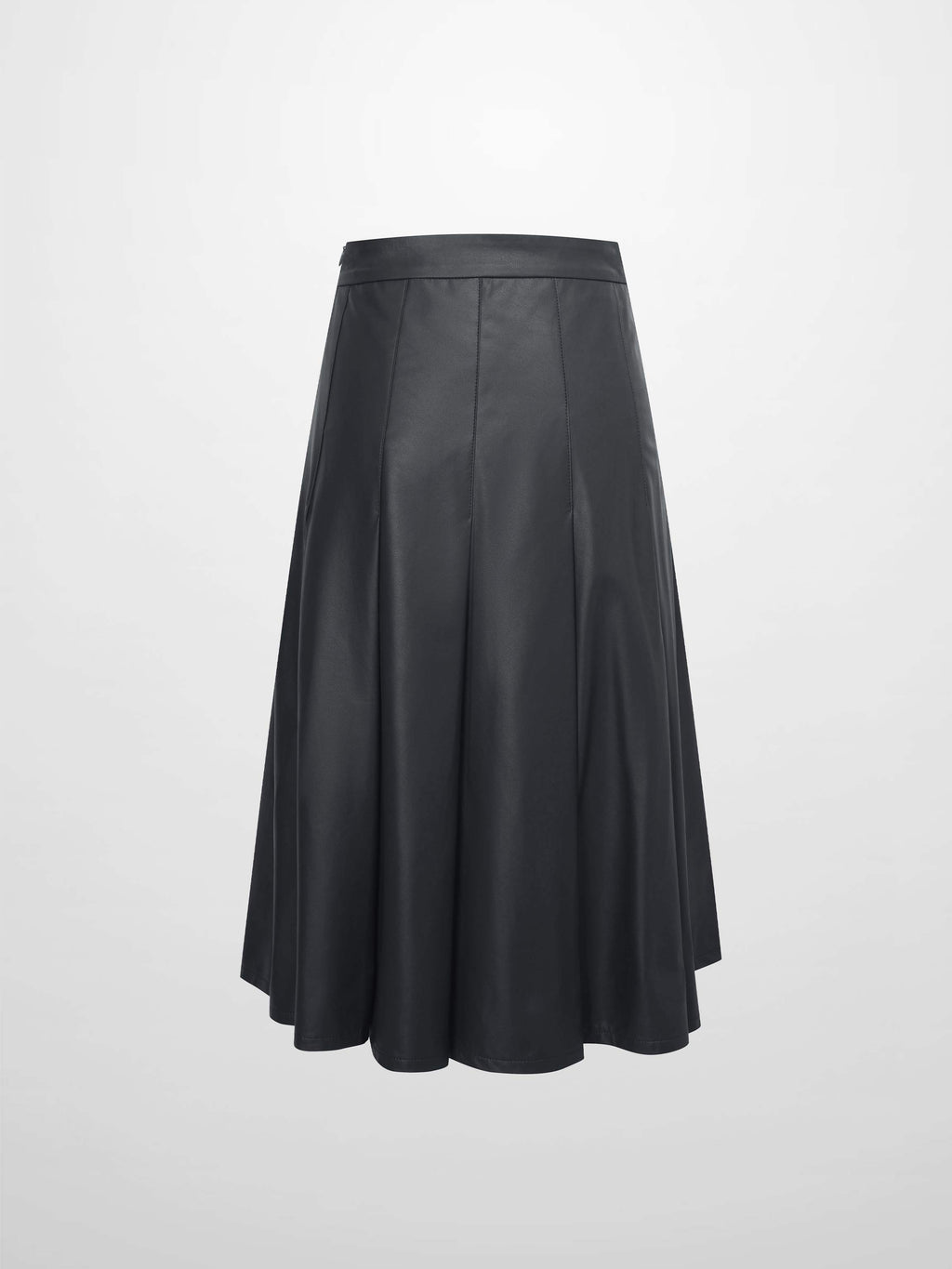Faux Leather Stitch Down Pleated Skirt-Black