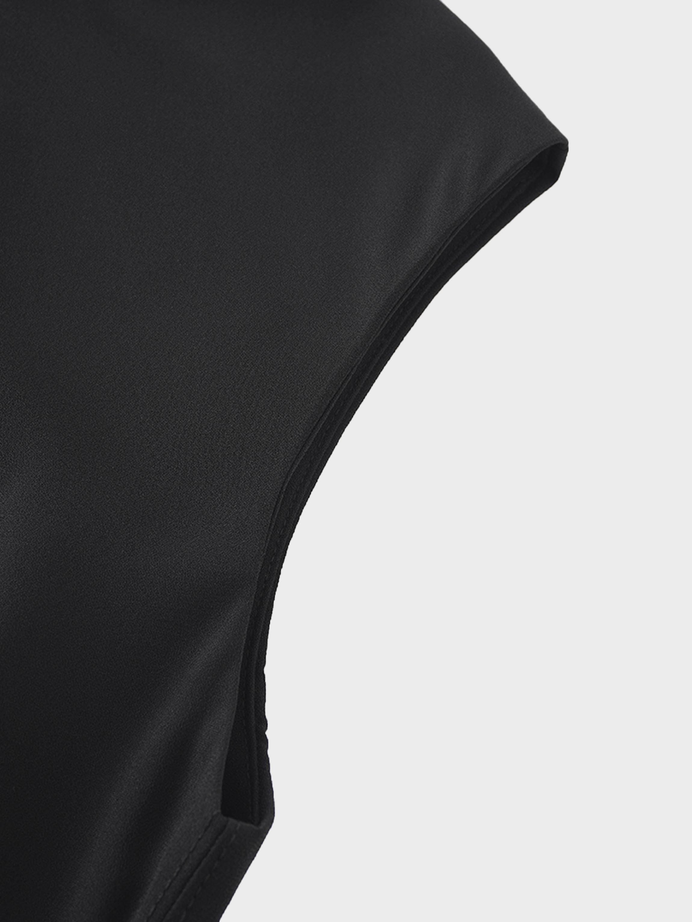 Faux Satin Crew Neck Slip Dress-Black