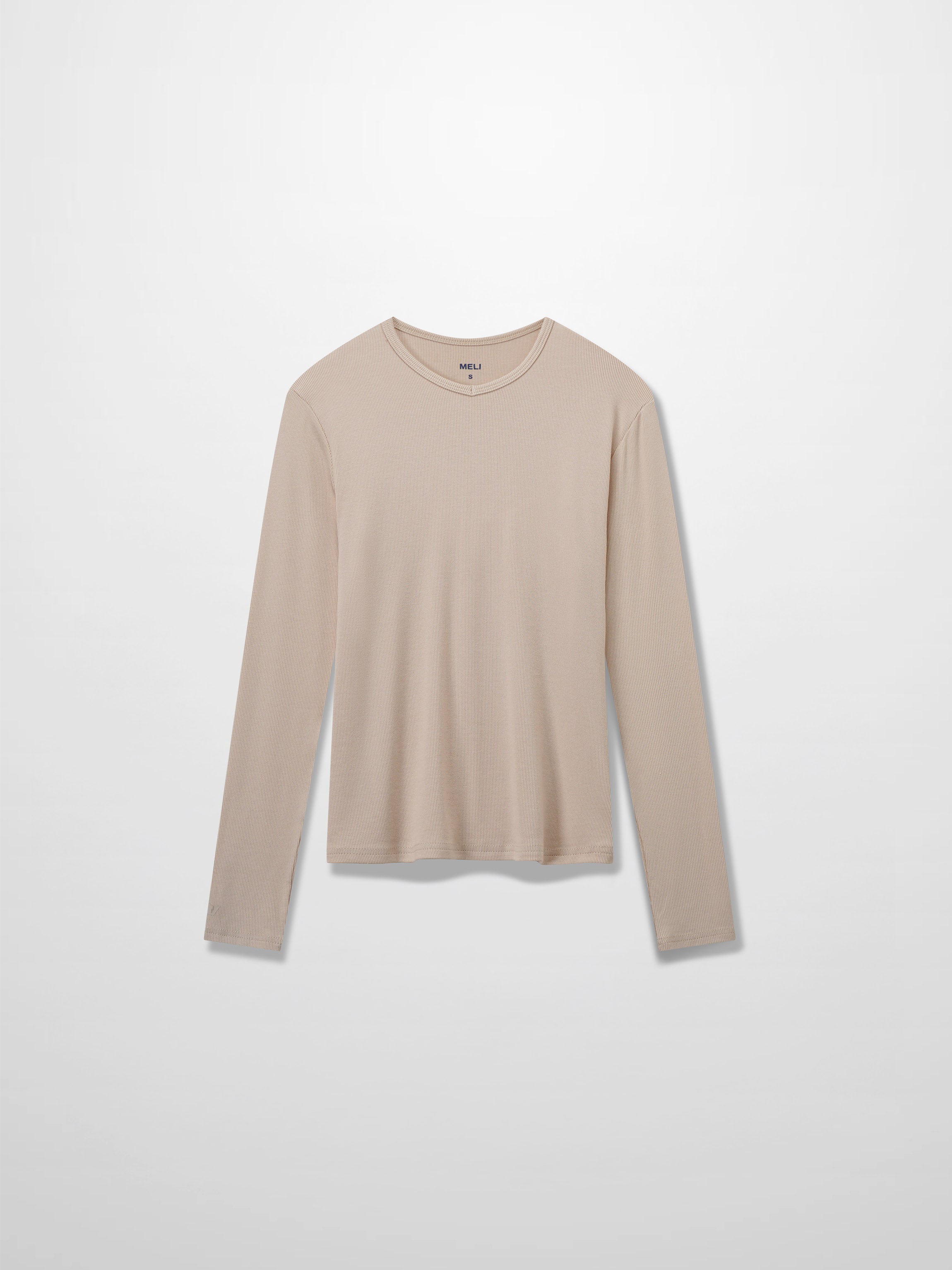 RIBBED HIGH V TEE LS-BEIGE