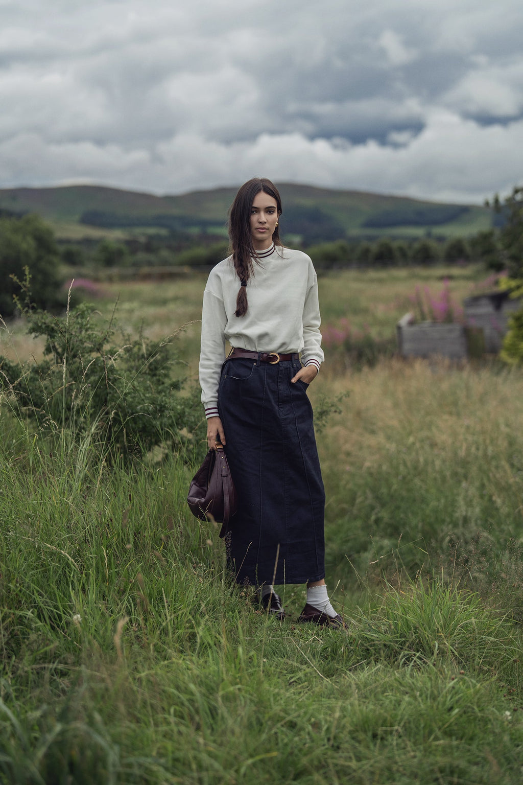 Denim Seamed Skirt-Dark Blue