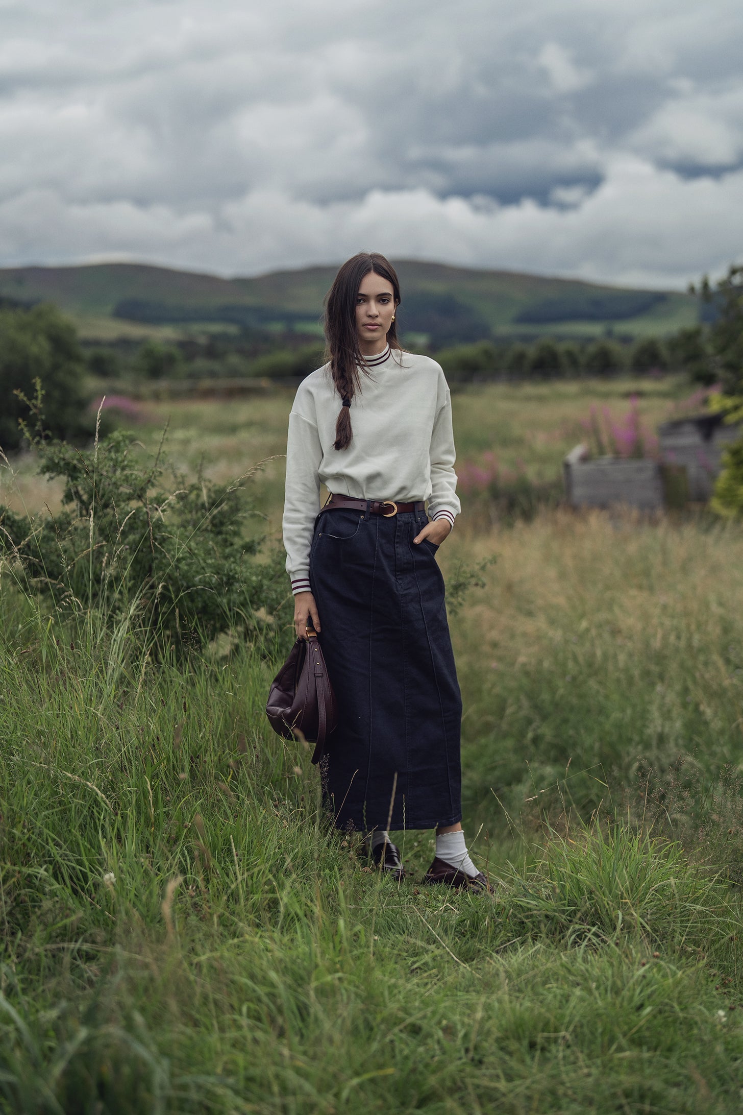 Denim Seamed Skirt-Dark Blue