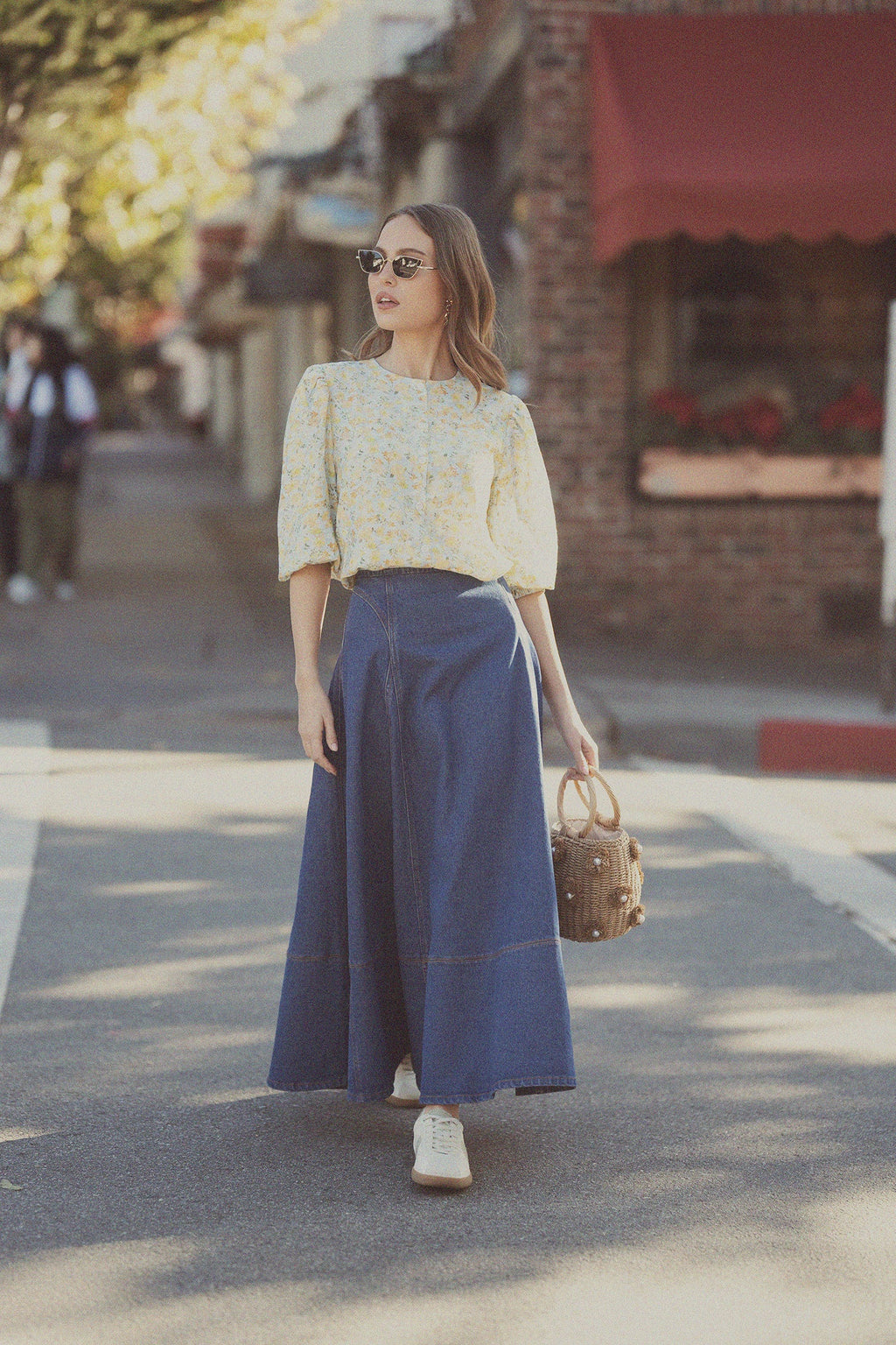 Seamed Full Circle Denim Skirt-Blue