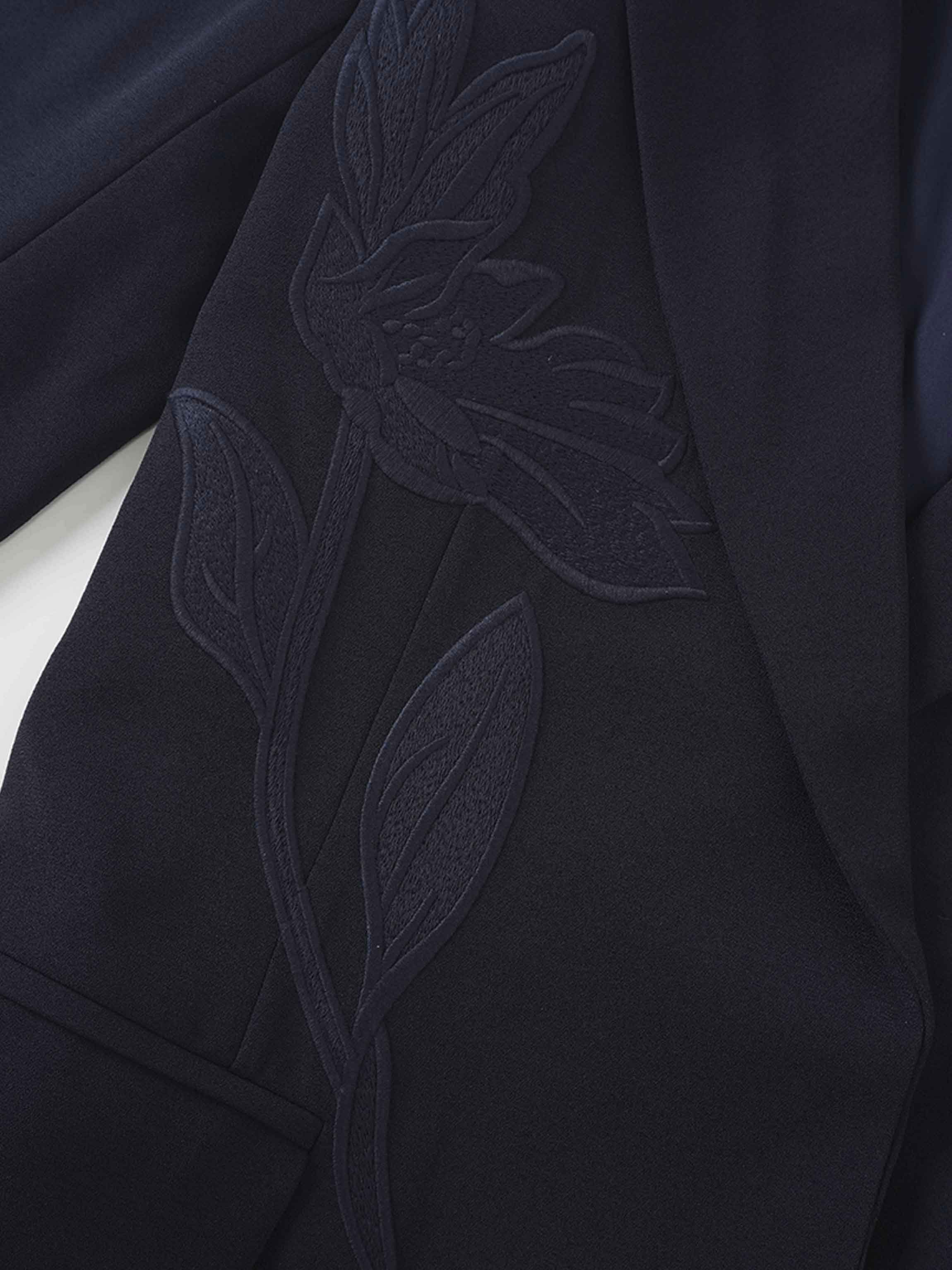 Embroidered Belted Blazer-Navy