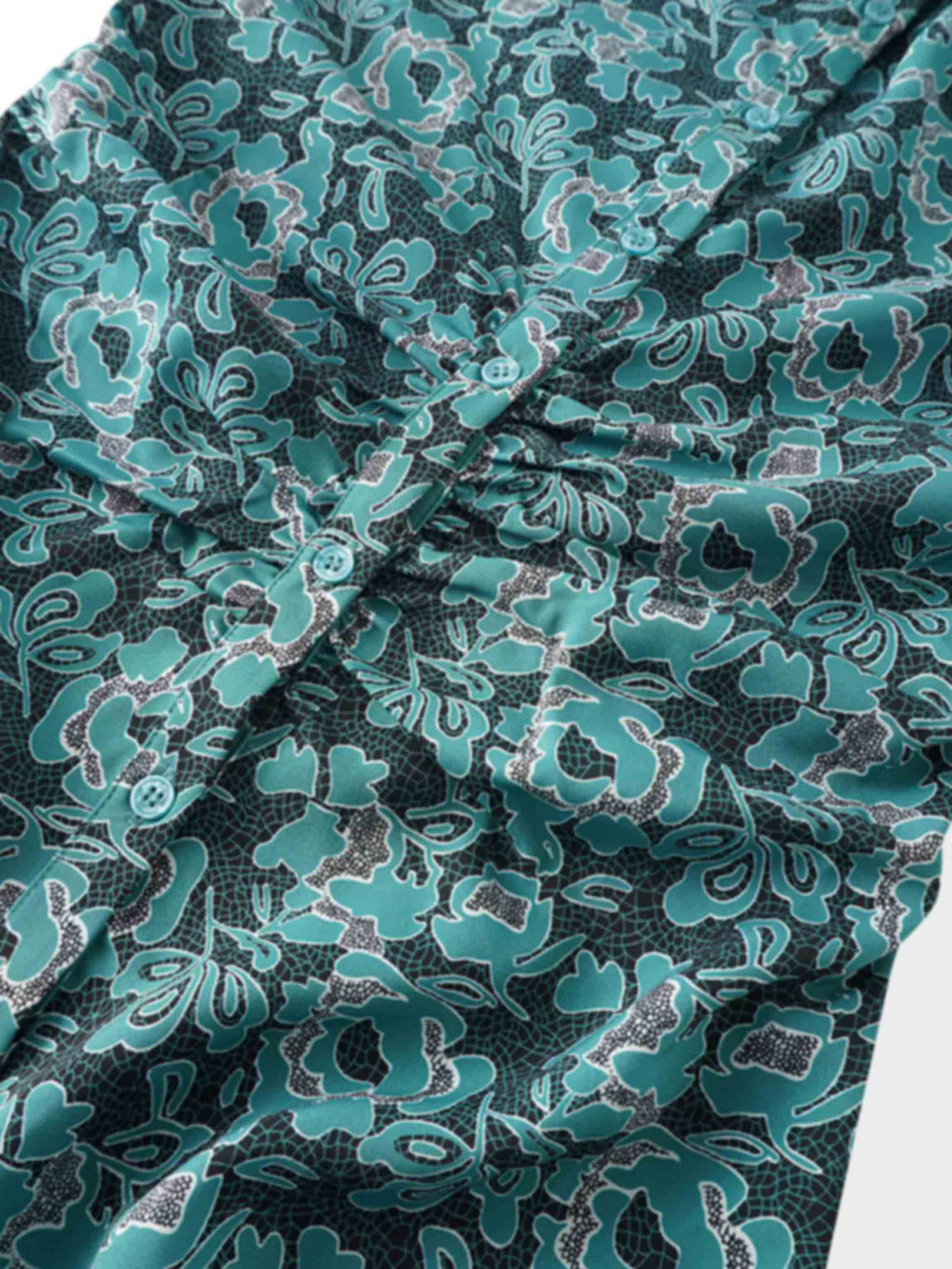 Front Shirred Shirtdress-Teal Floral