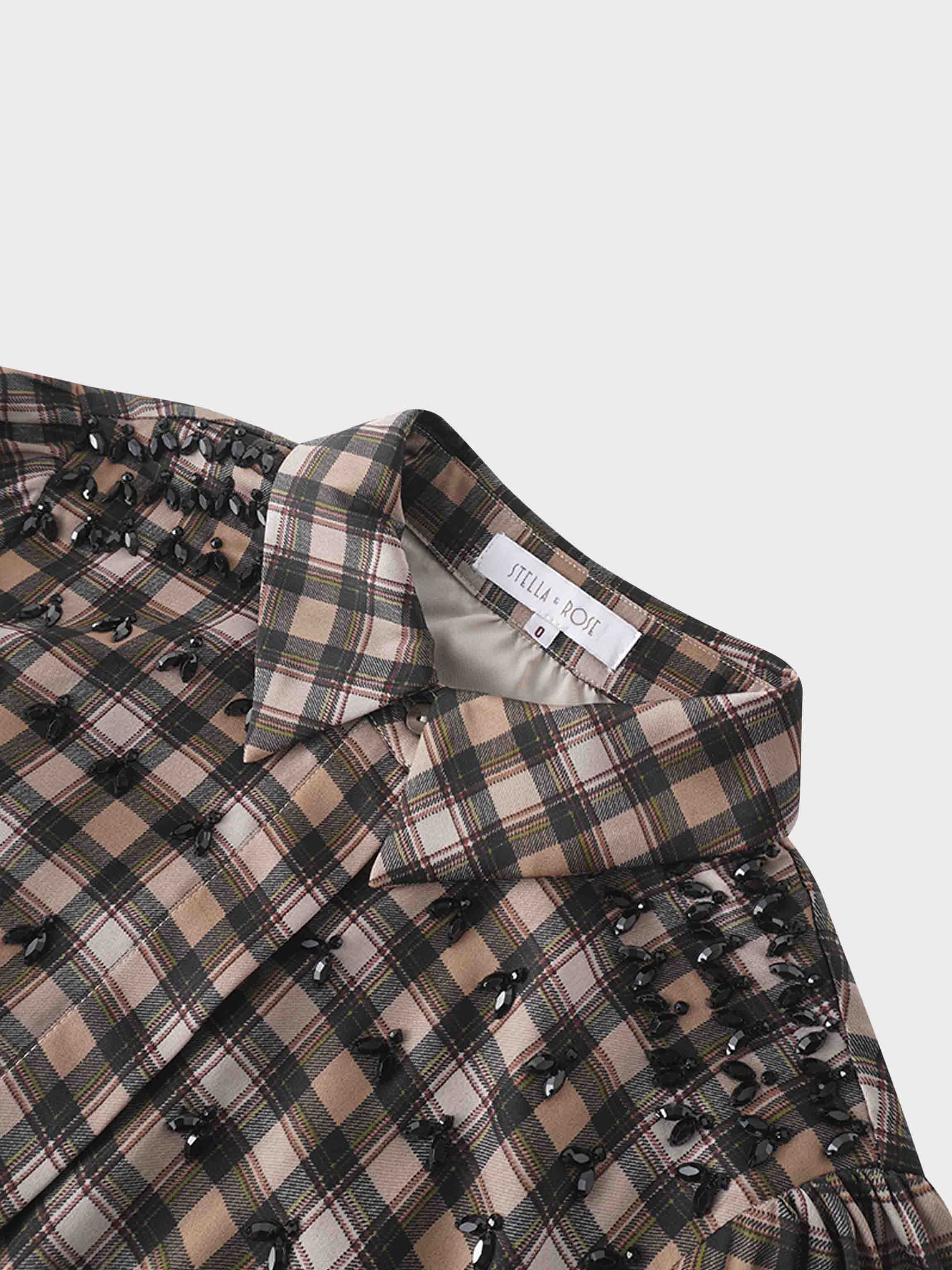Stone Embellished Belted Shirtdress-Brown Plaid