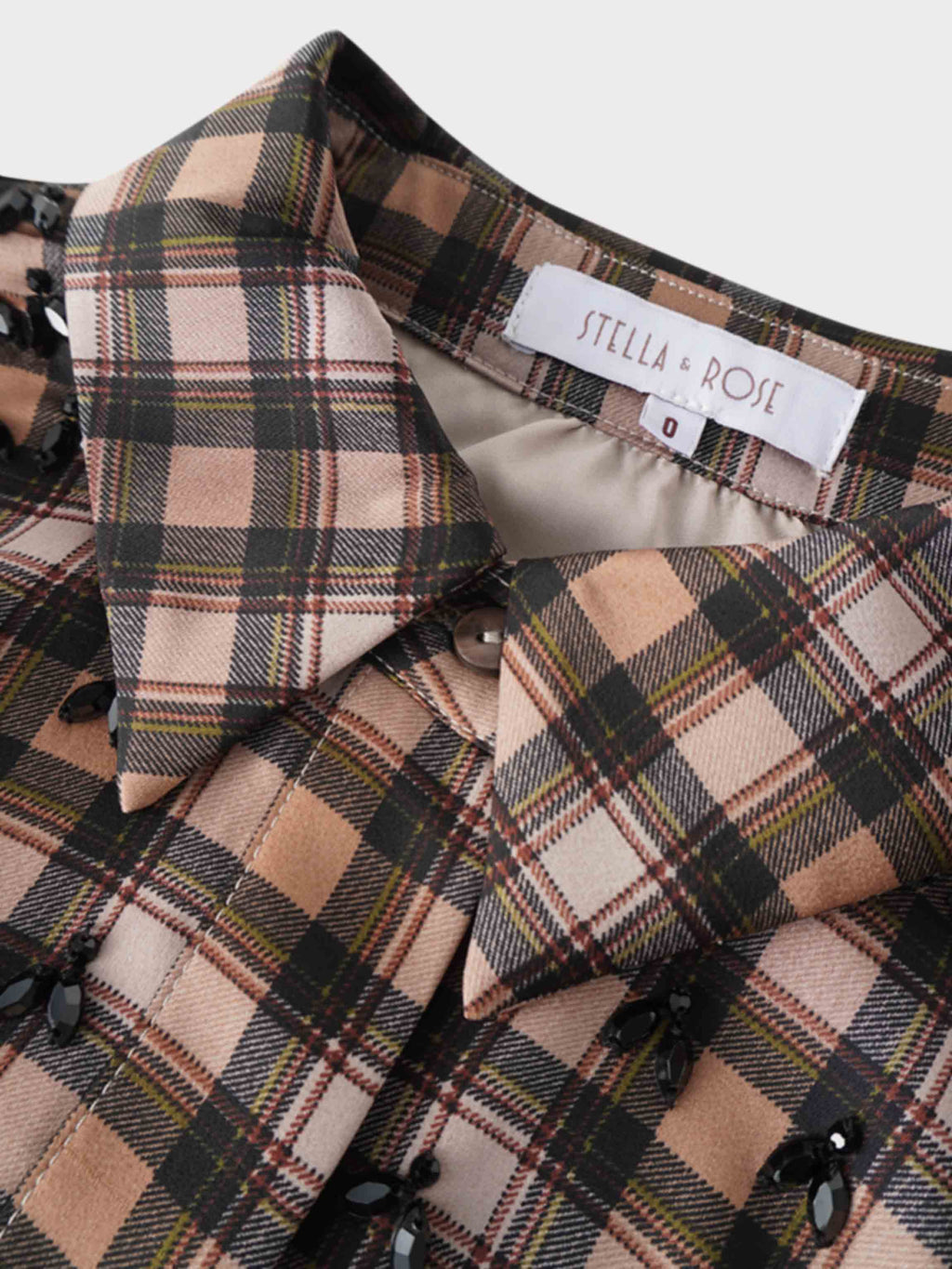 Stone Embellished Belted Shirtdress-Brown Plaid