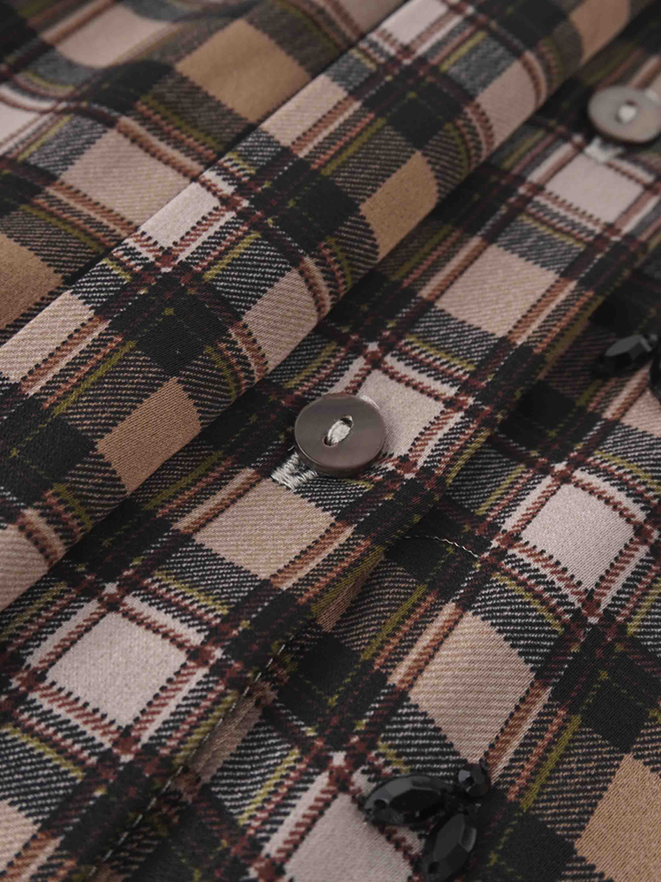 Stone Embellished Belted Shirtdress-Brown Plaid