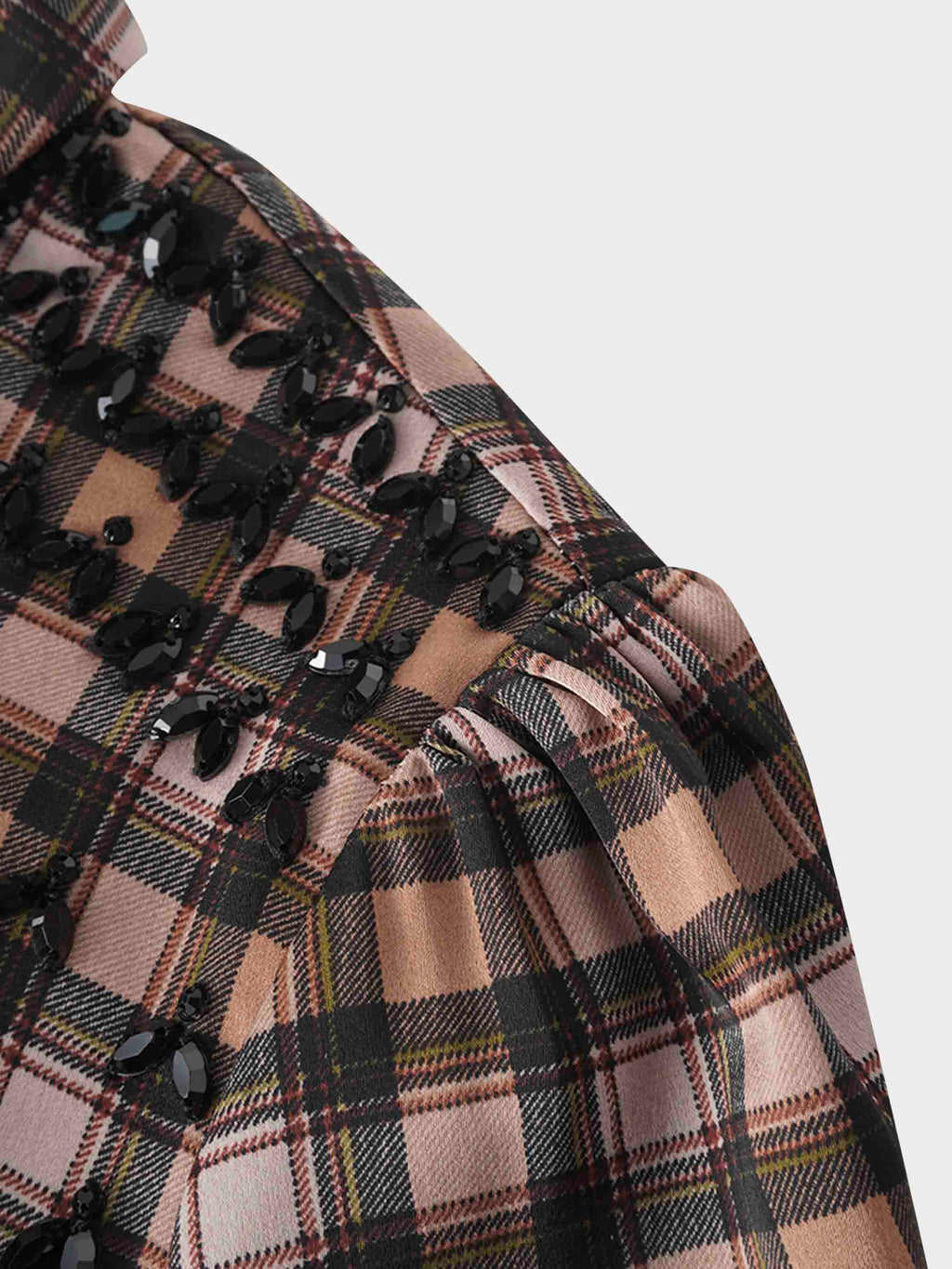 Stone Embellished Belted Shirtdress-Brown Plaid