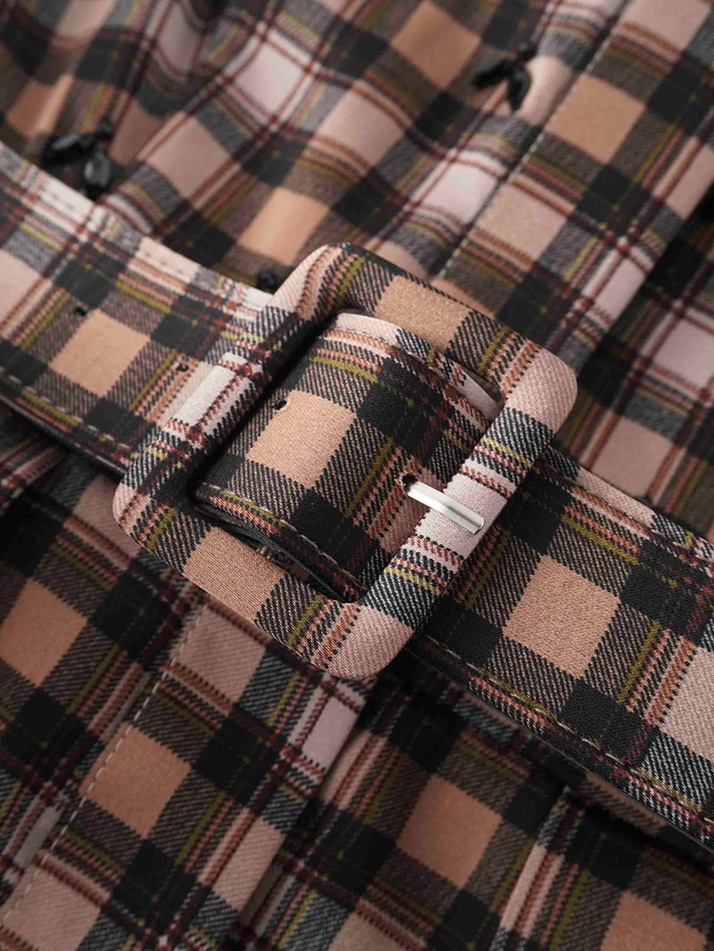 Stone Embellished Belted Shirtdress-Brown Plaid