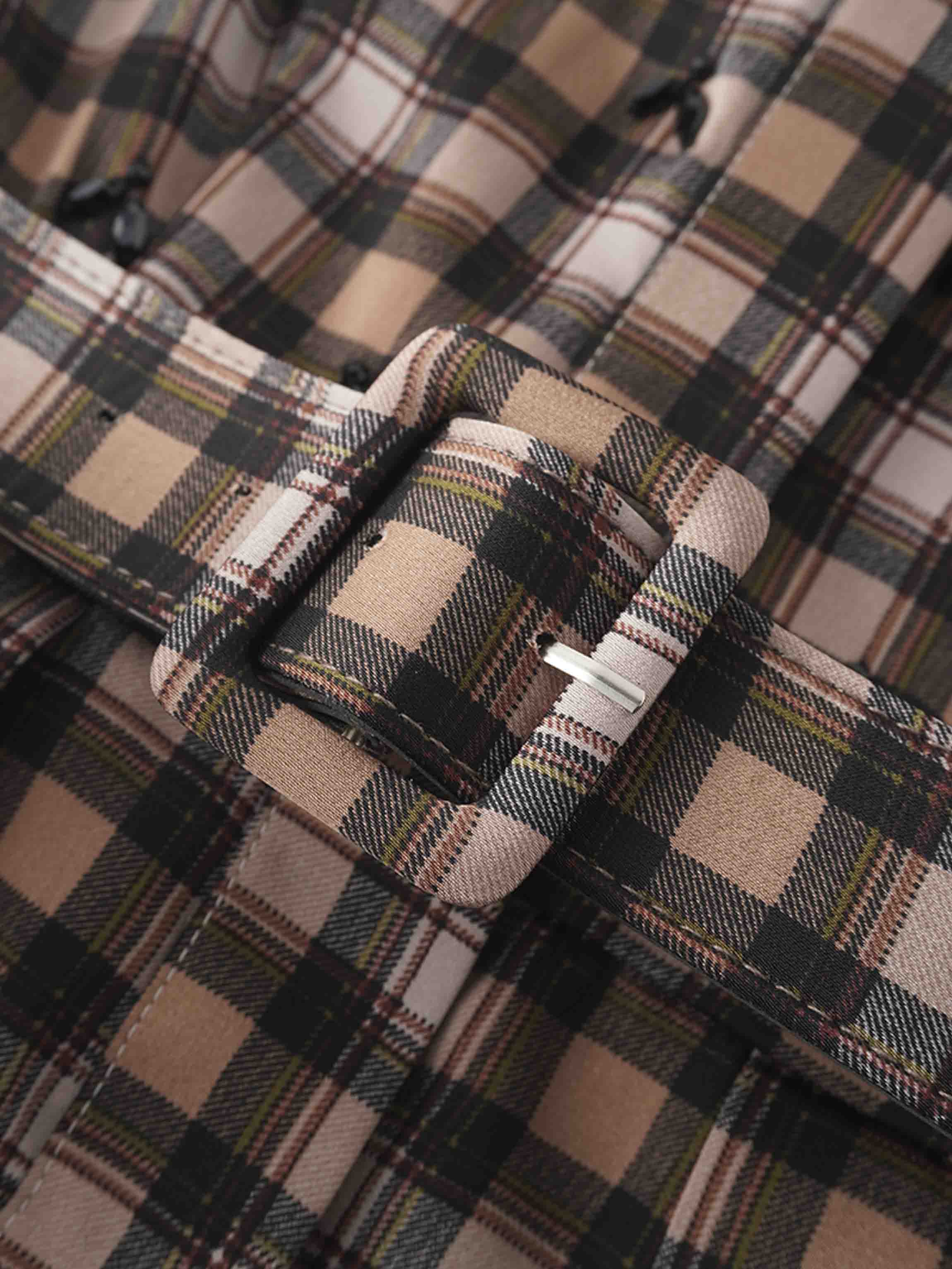 Stone Embellished Belted Shirtdress-Brown Plaid