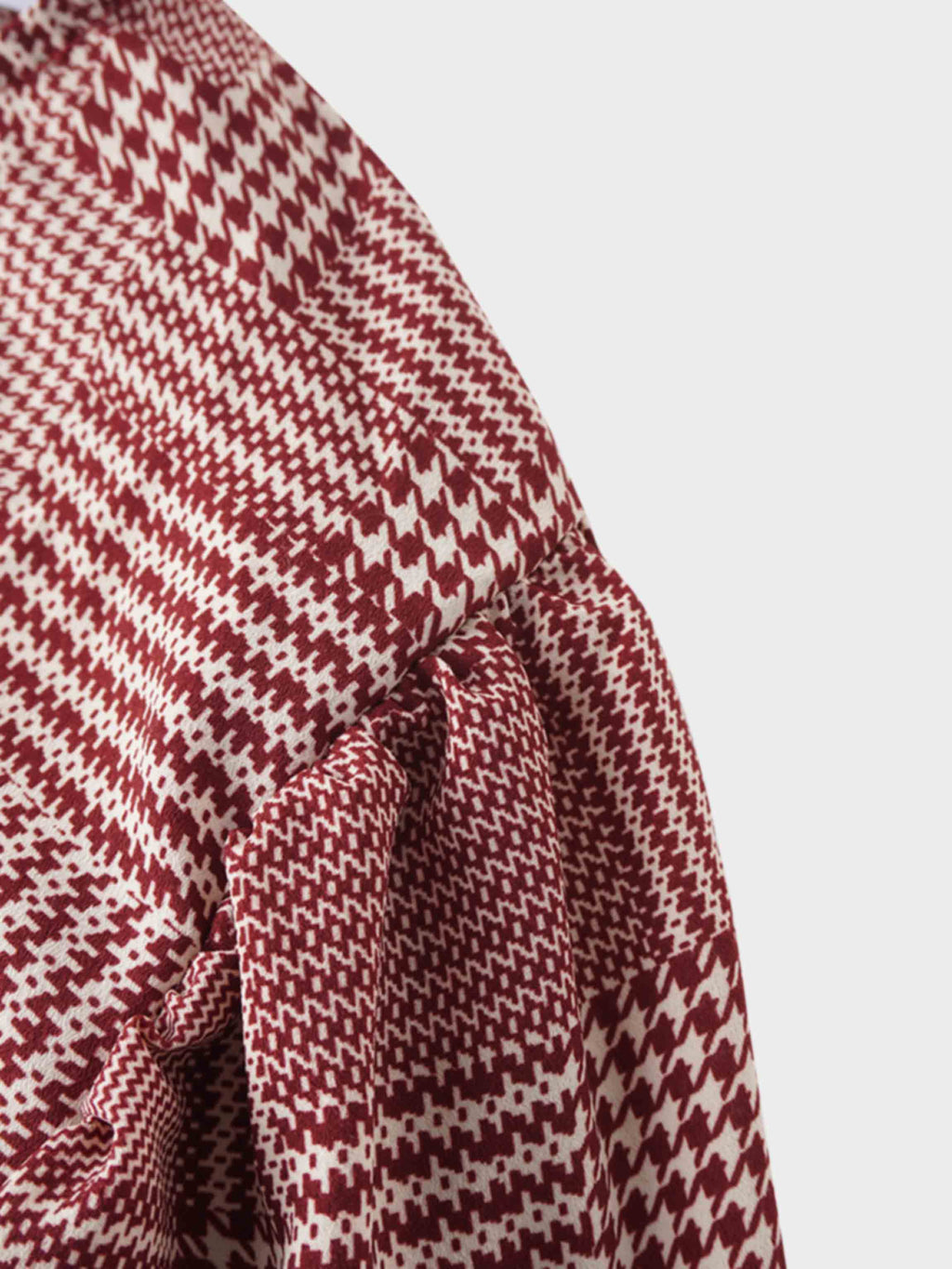 Houndstooth Blouson Sleeve Blouse-Burgundy