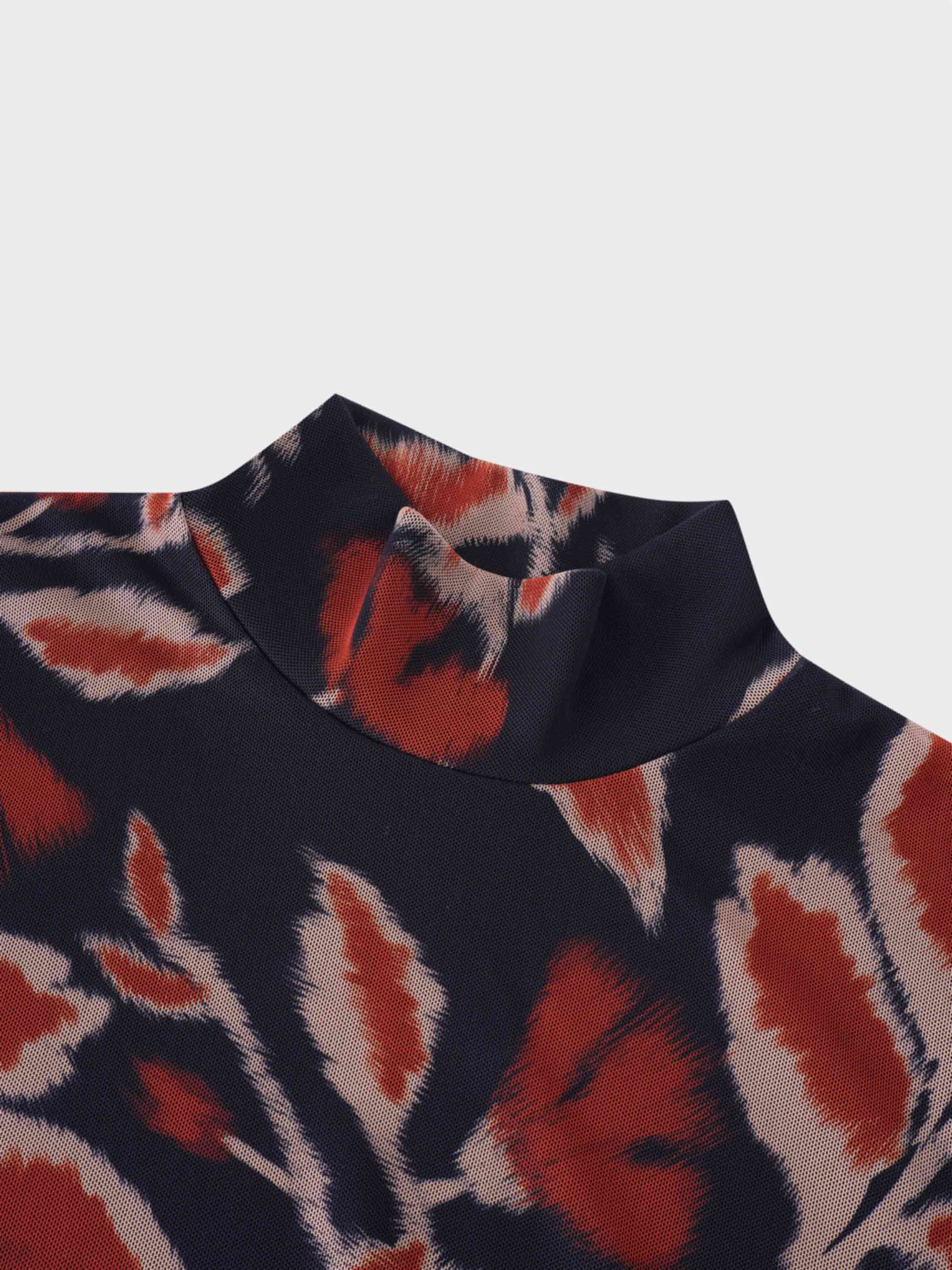 Printed Mesh Turtleneck-Marigold