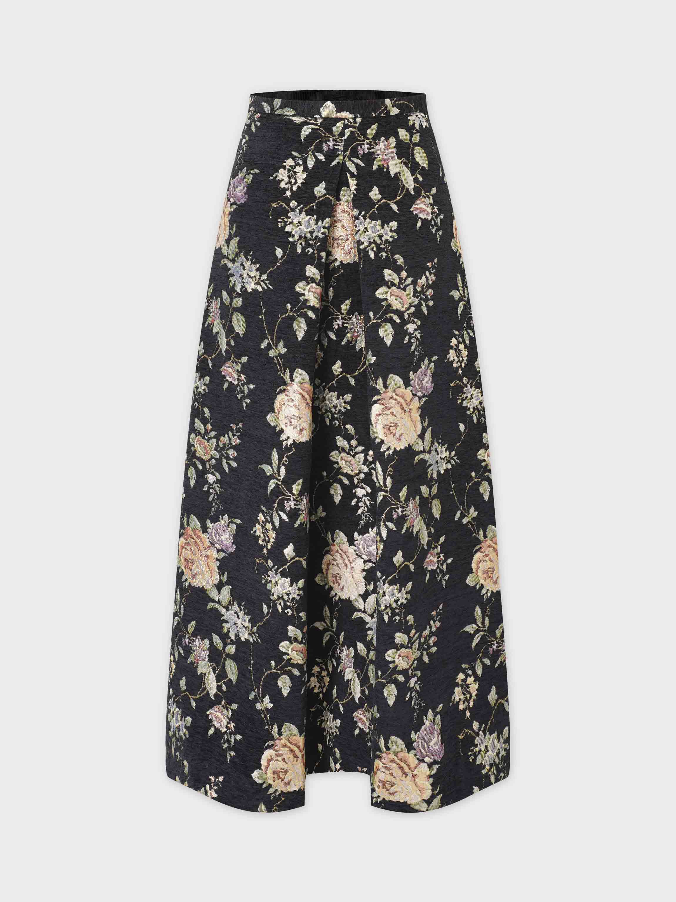 Brocade Midi Skirt-Black Floral