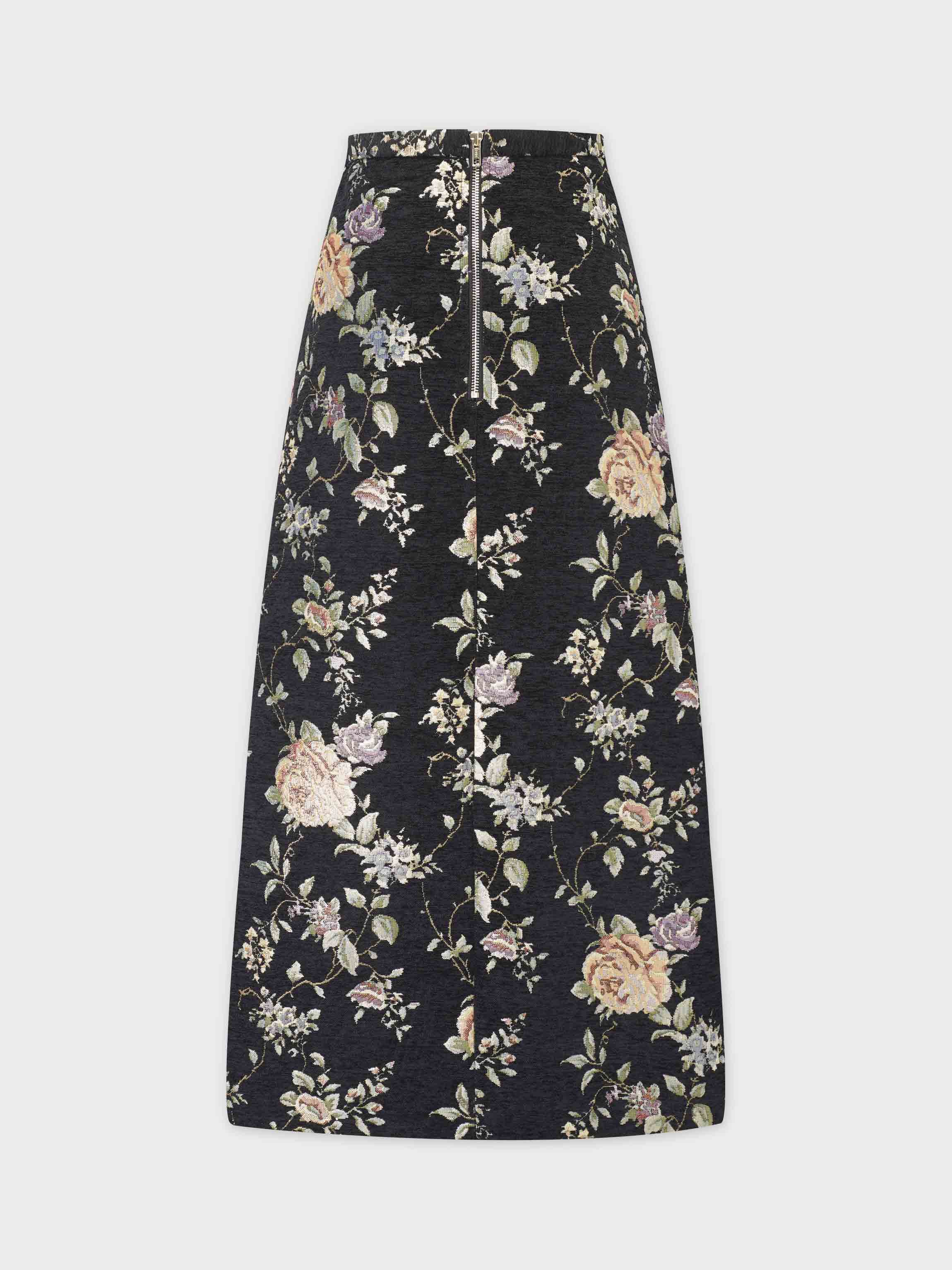 Brocade Midi Skirt-Black Floral