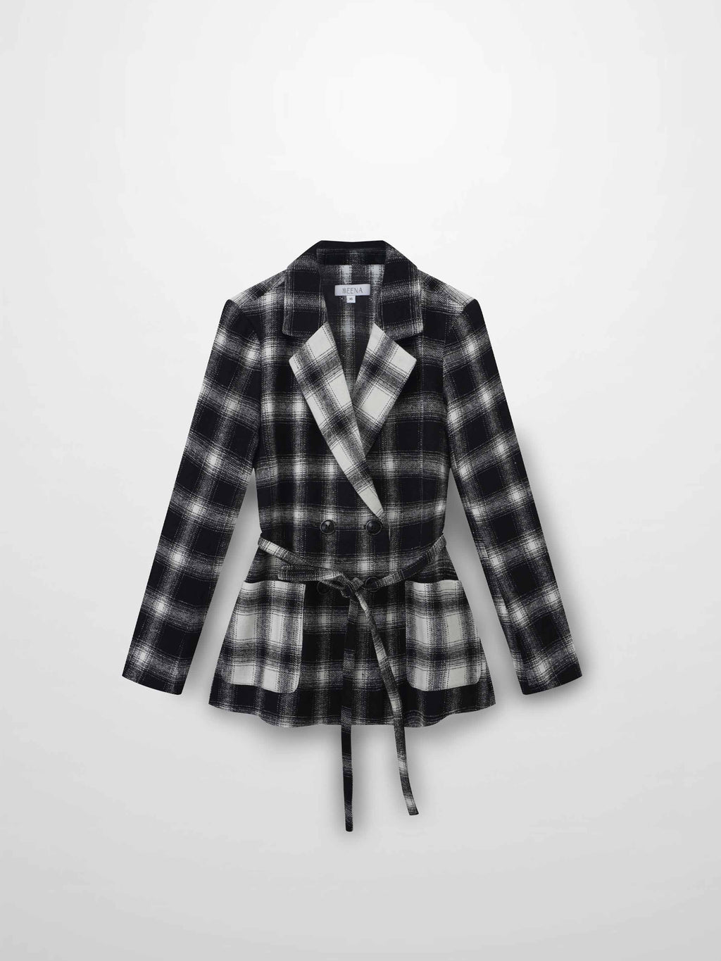 Double Breasted Belted Blazer-Black/White Plaid