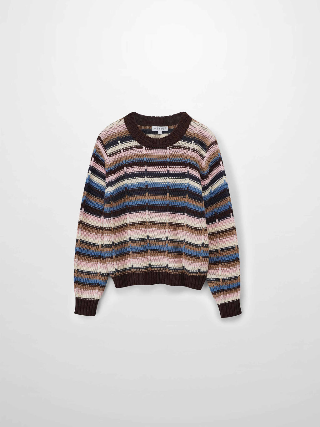 Overstitch Detail Striped Sweater-Brown