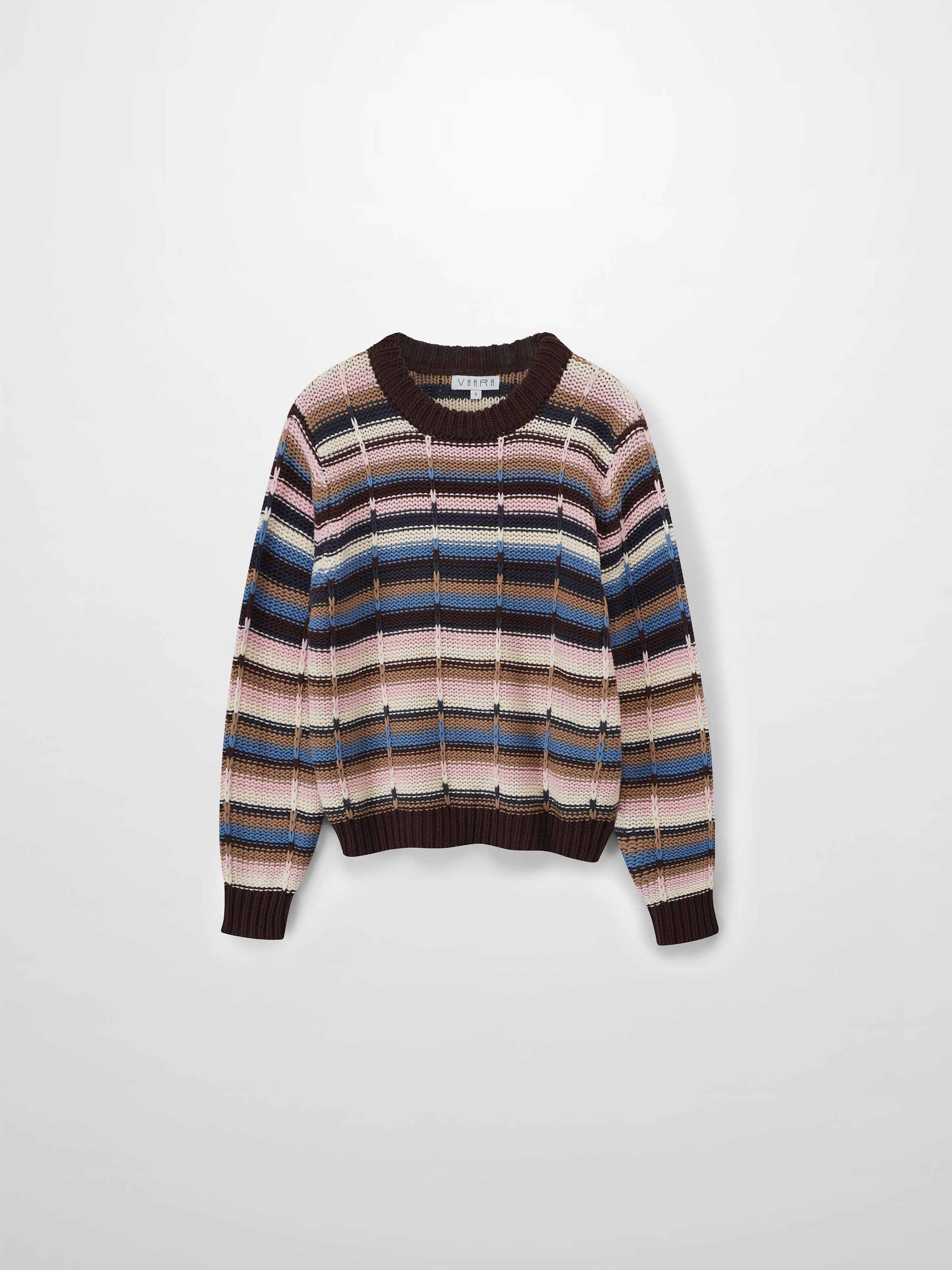 Overstitch Detail Striped Sweater-Brown