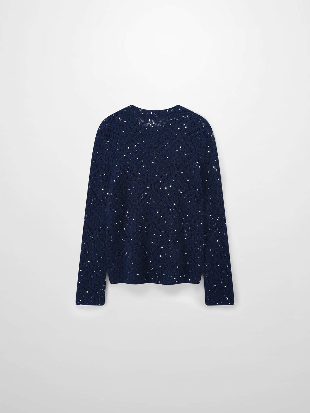 Open Crochet Knit Sequin Sweater-Navy