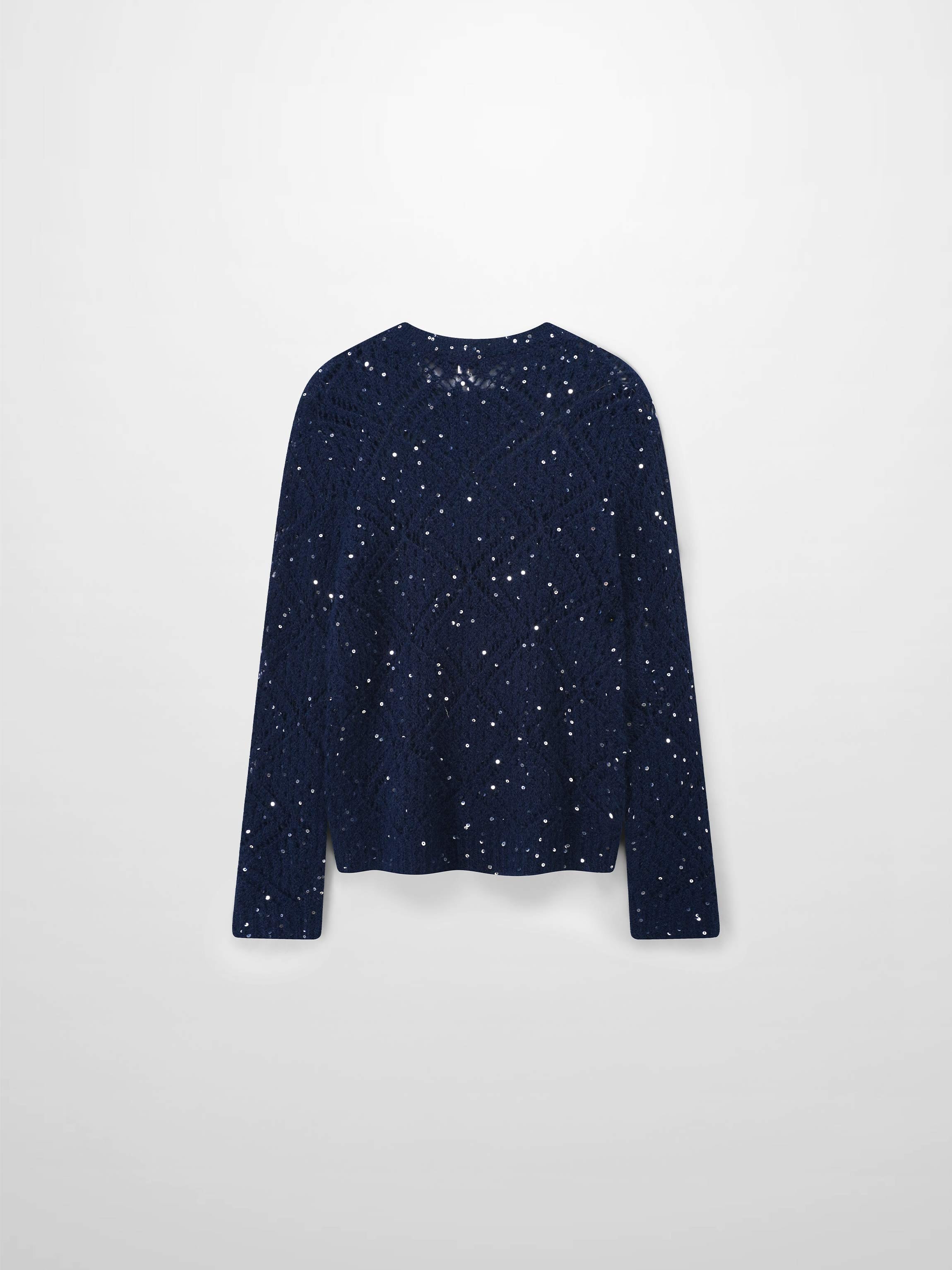 Open Crochet Knit Sequin Sweater-Navy