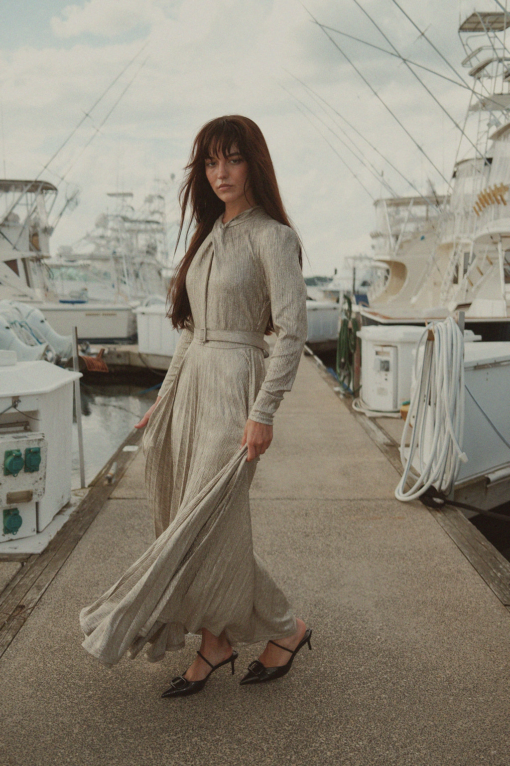 Shimmer Front Knot Pleat Dress 50"-Gold