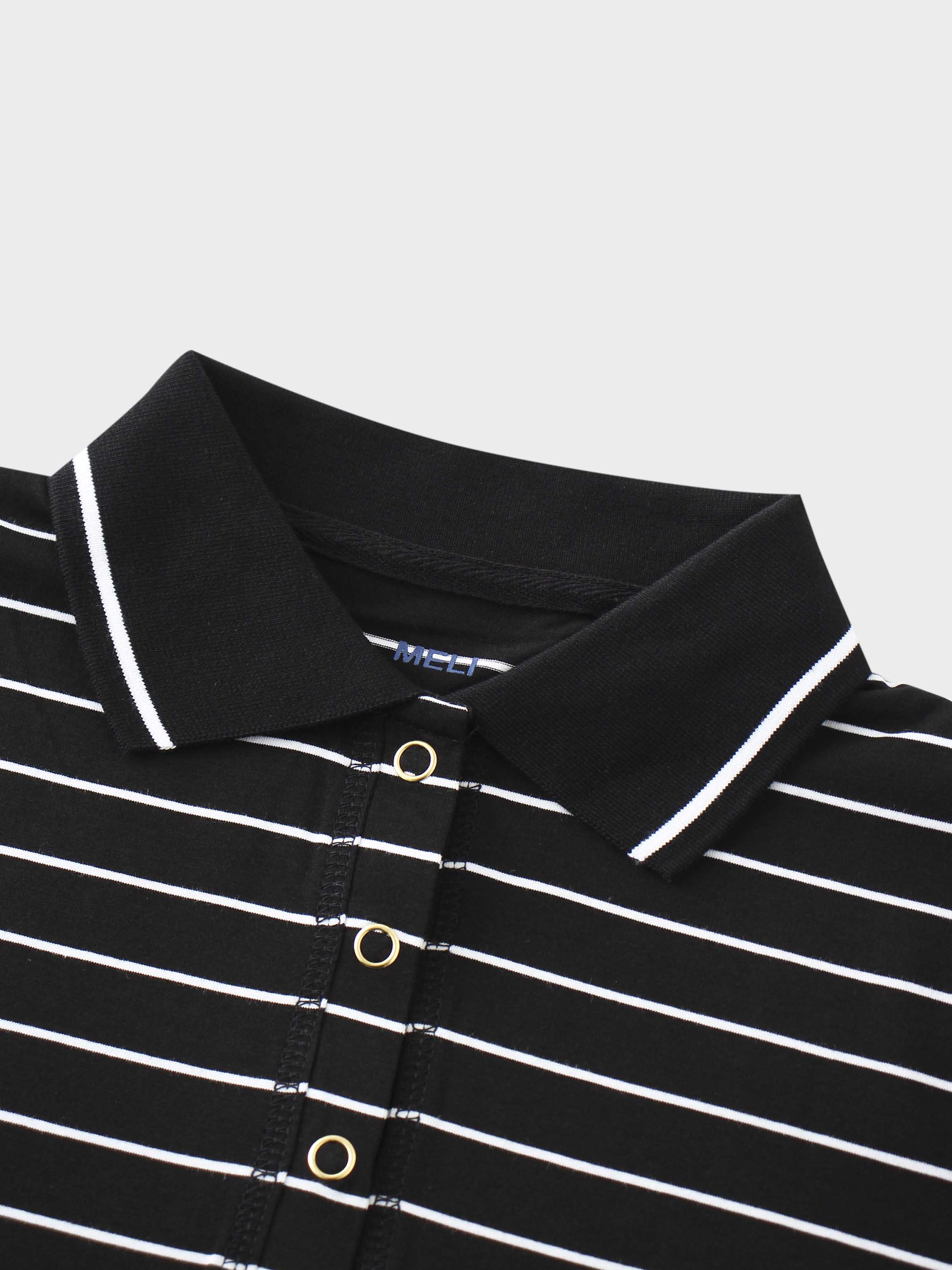 Striped Collar Snap Tee-Black/White