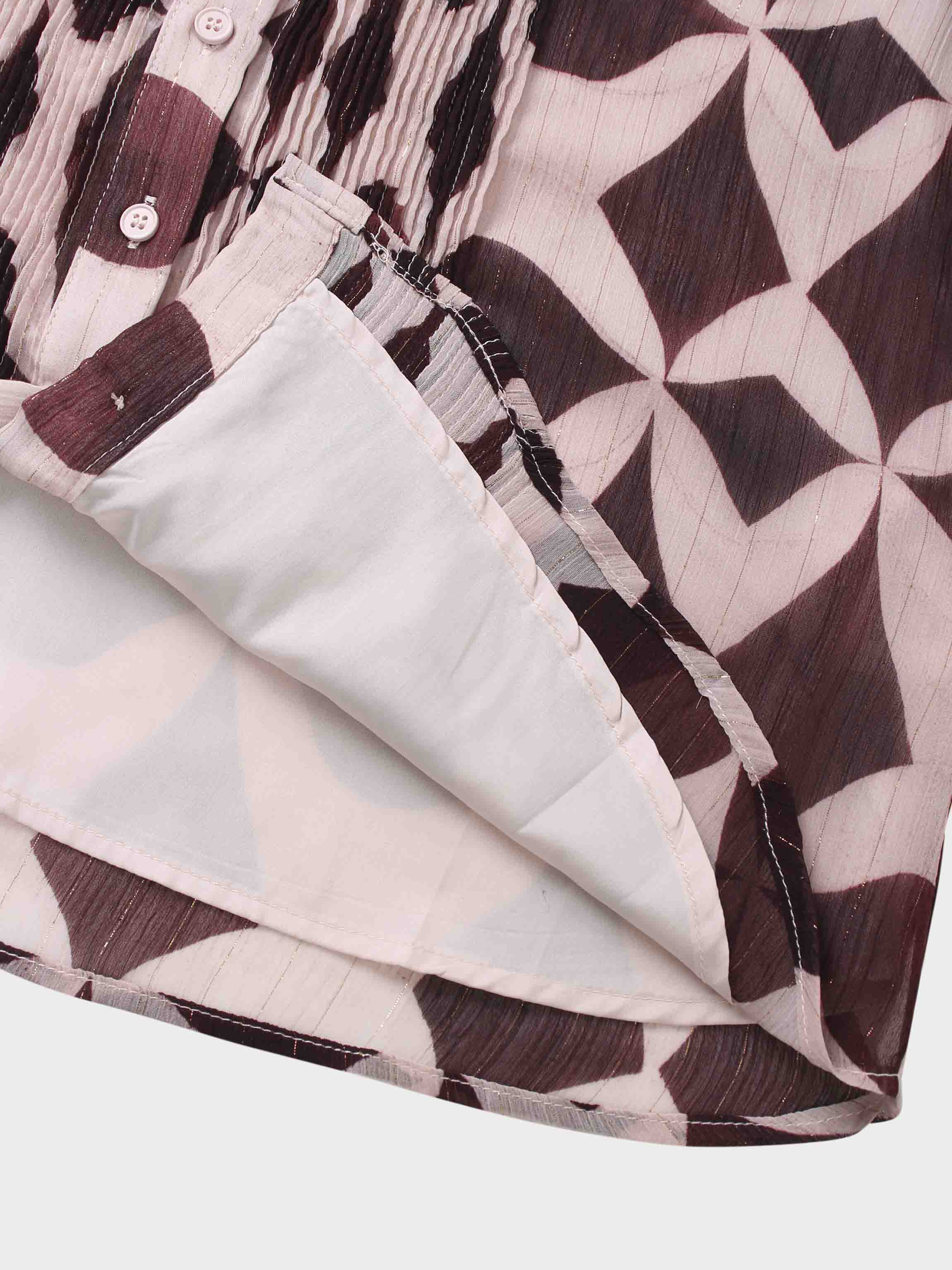 Pintuck Shimmer Print Blouse-Burgundy/Pink