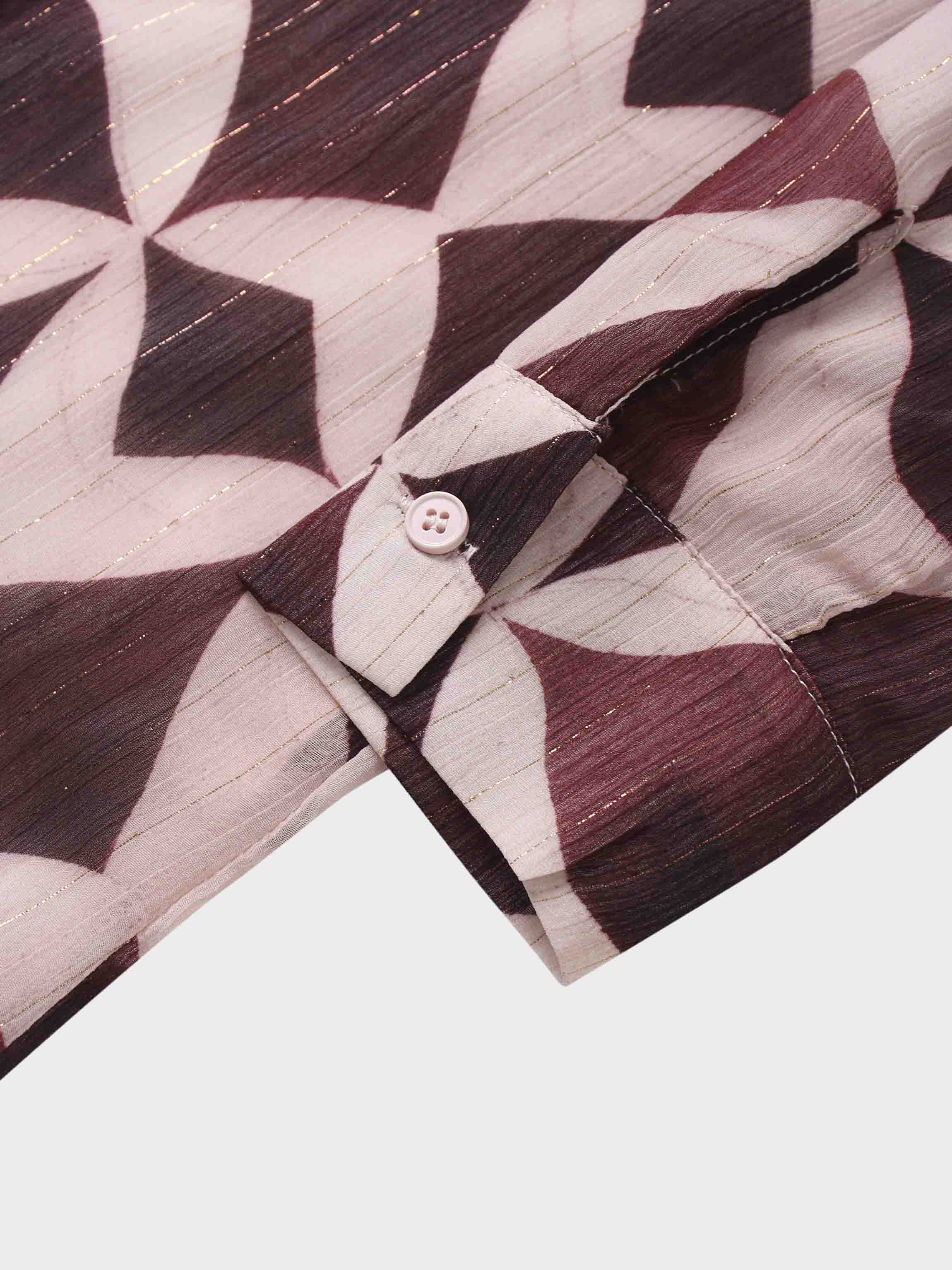 Pintuck Shimmer Print Blouse-Burgundy/Pink