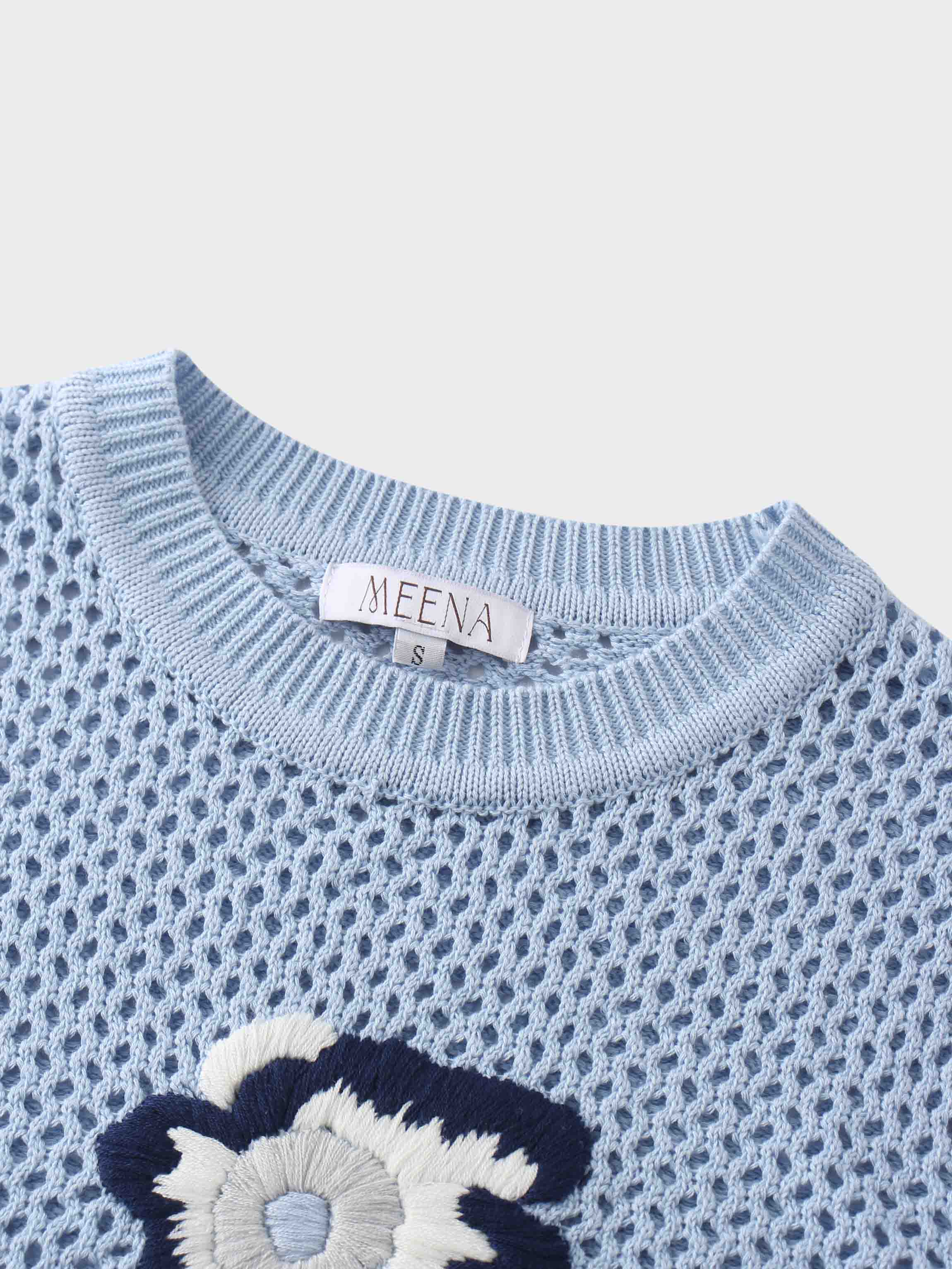 Embroidered Crochet Floral Sweater-Blue Floral