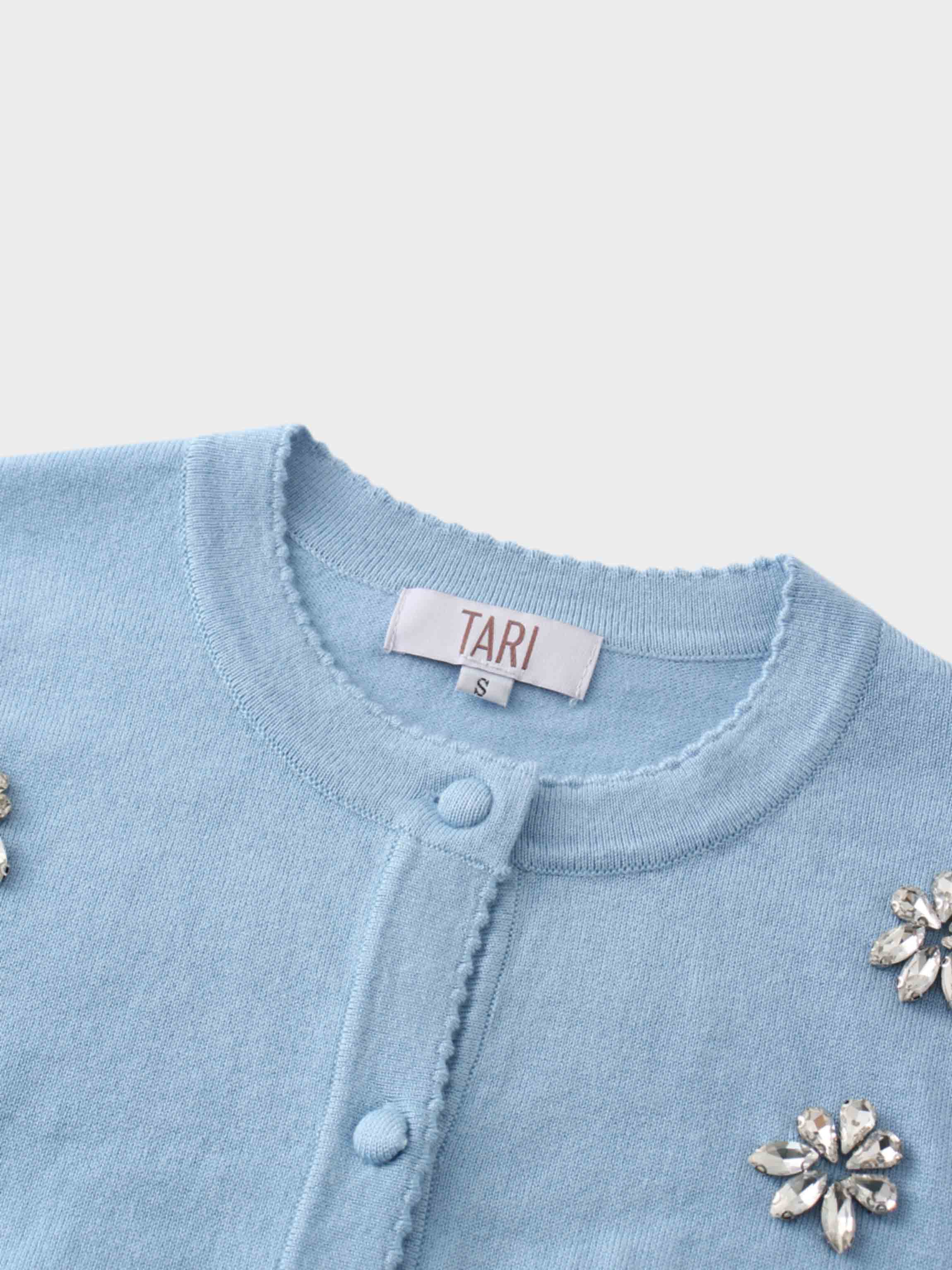 Embellished Cluster Crop Cardigan-Light Blue