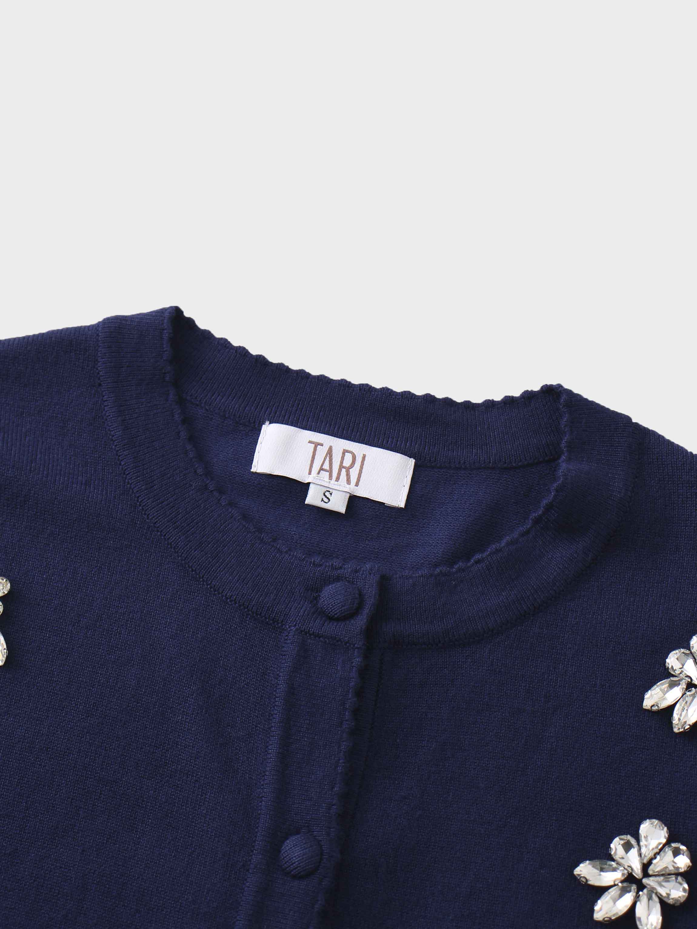 Embellished Cluster Crop Cardigan-Navy