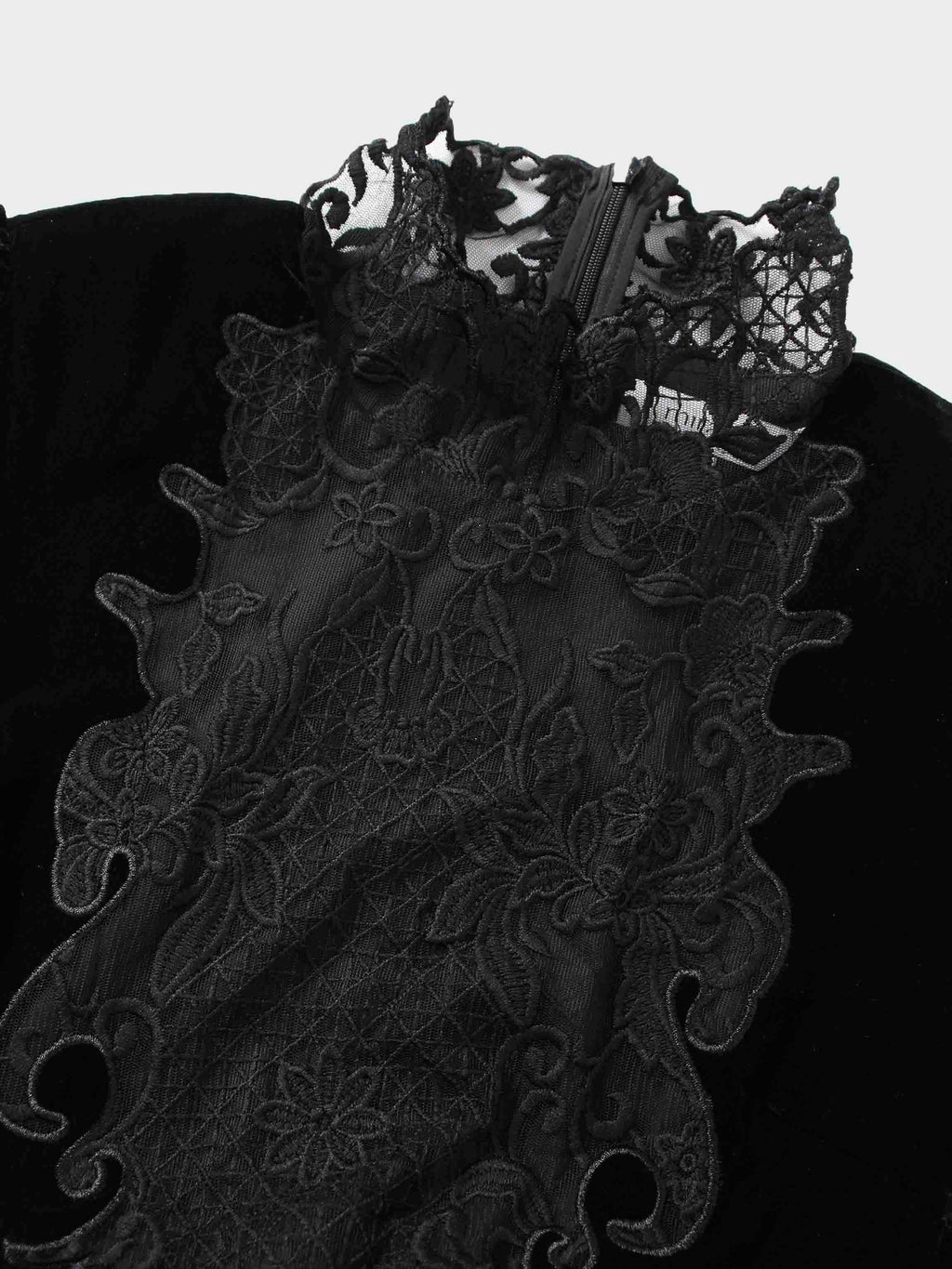 Lace Inlay Velvet Dress-Black