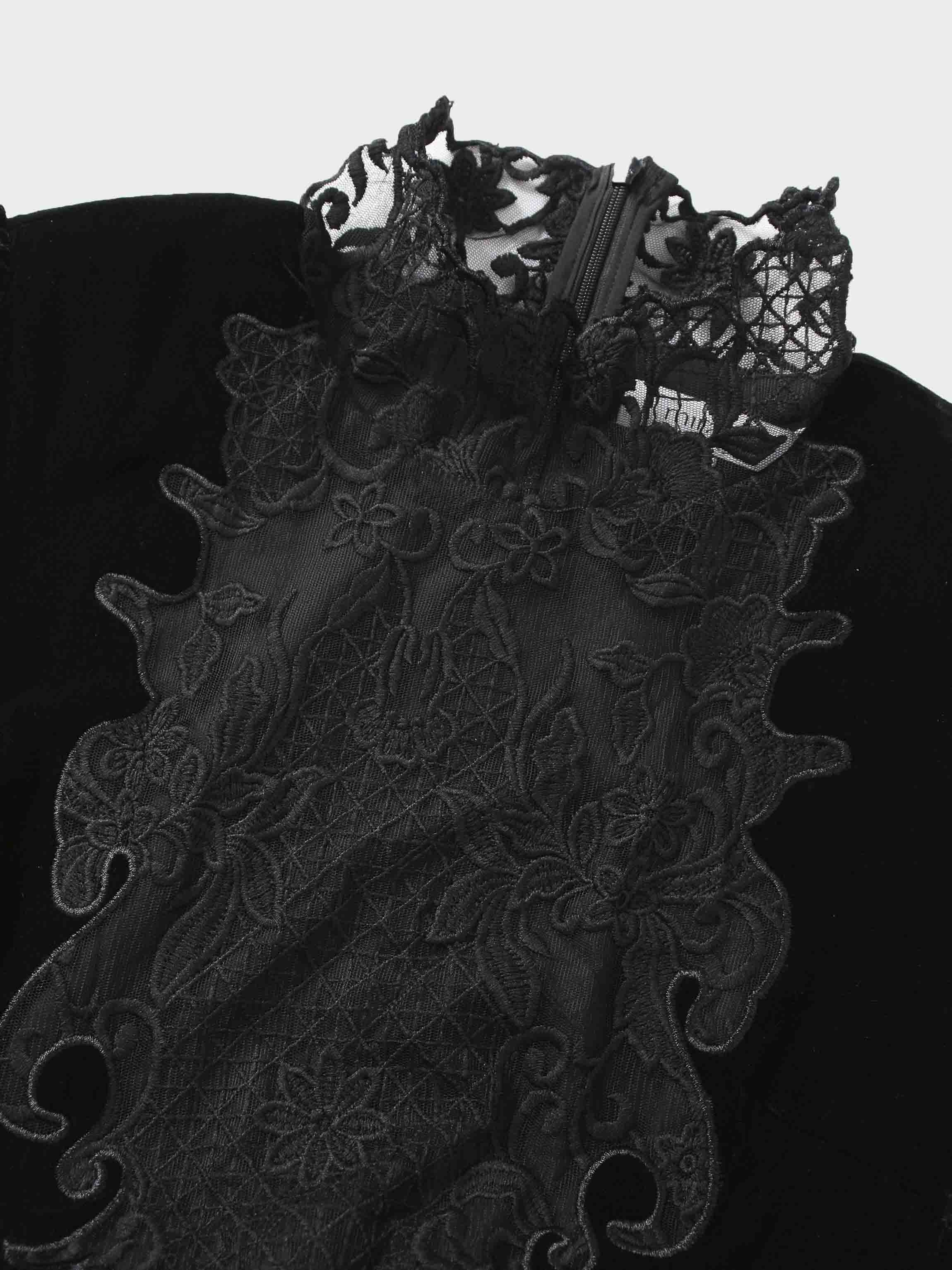 Lace Inlay Velvet Dress-Black