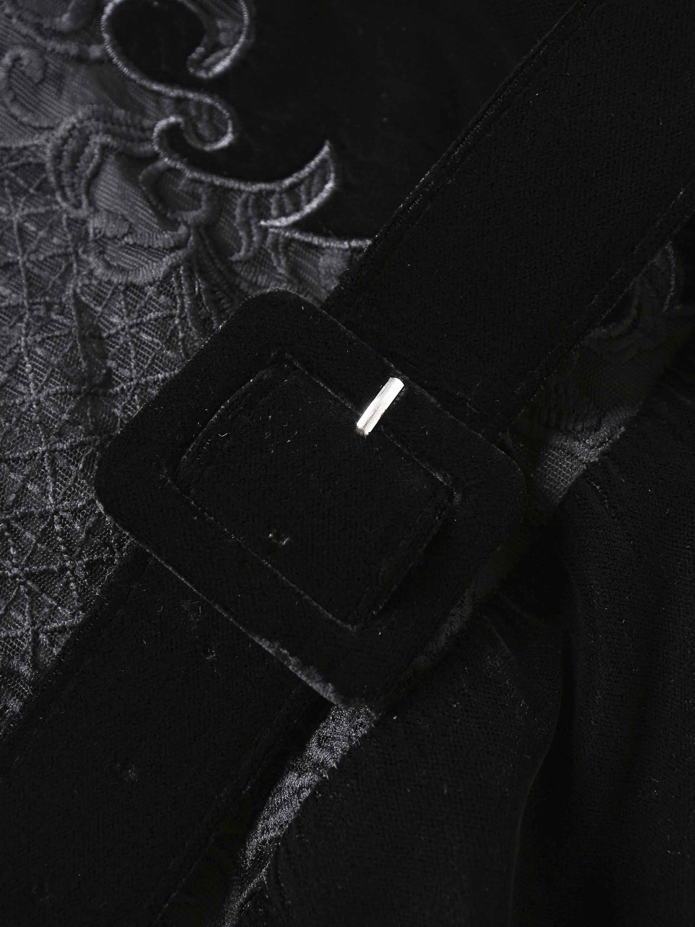 Lace Inlay Velvet Dress-Black