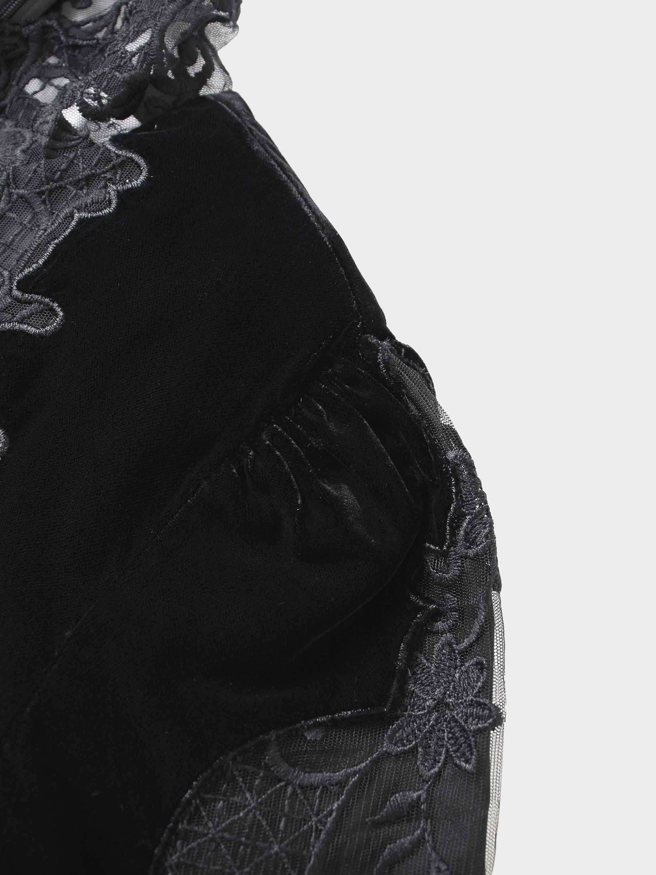 Lace Inlay Velvet Dress-Black